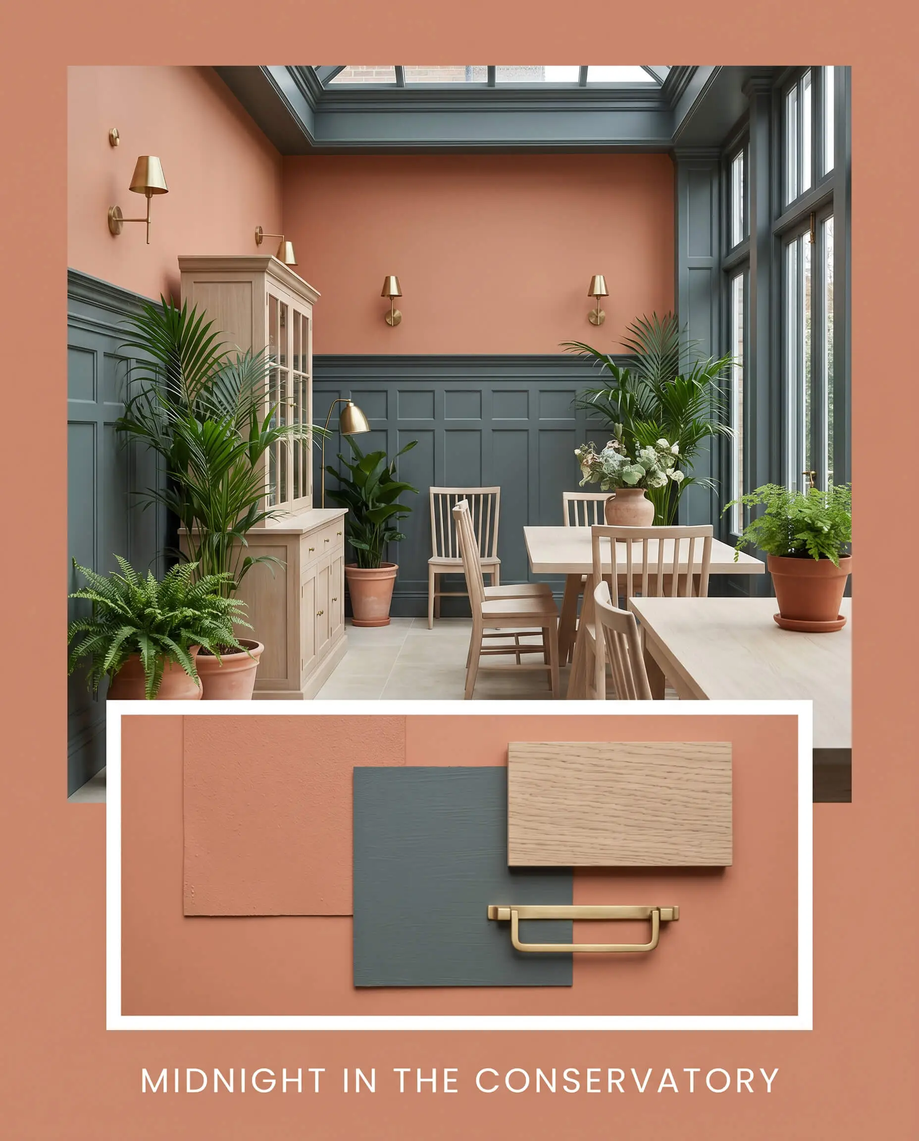A conservatory painted in Dulux Baked Clay (Hex #d08a6d) with dense moody blue wainscoting sits above a flat-lay of bleached oak and brass hardware.