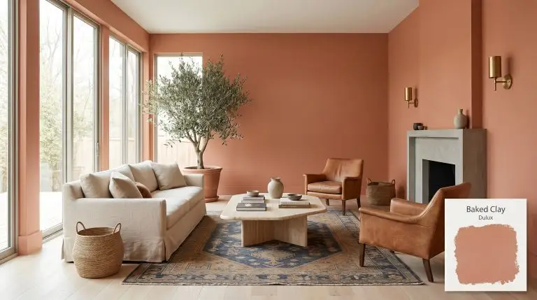 A living room painted in Dulux Baked Clay (Hex #d08a6d) features pale bleached oak floors, a honed travertine coffee table, and unlacquered brass sconces.