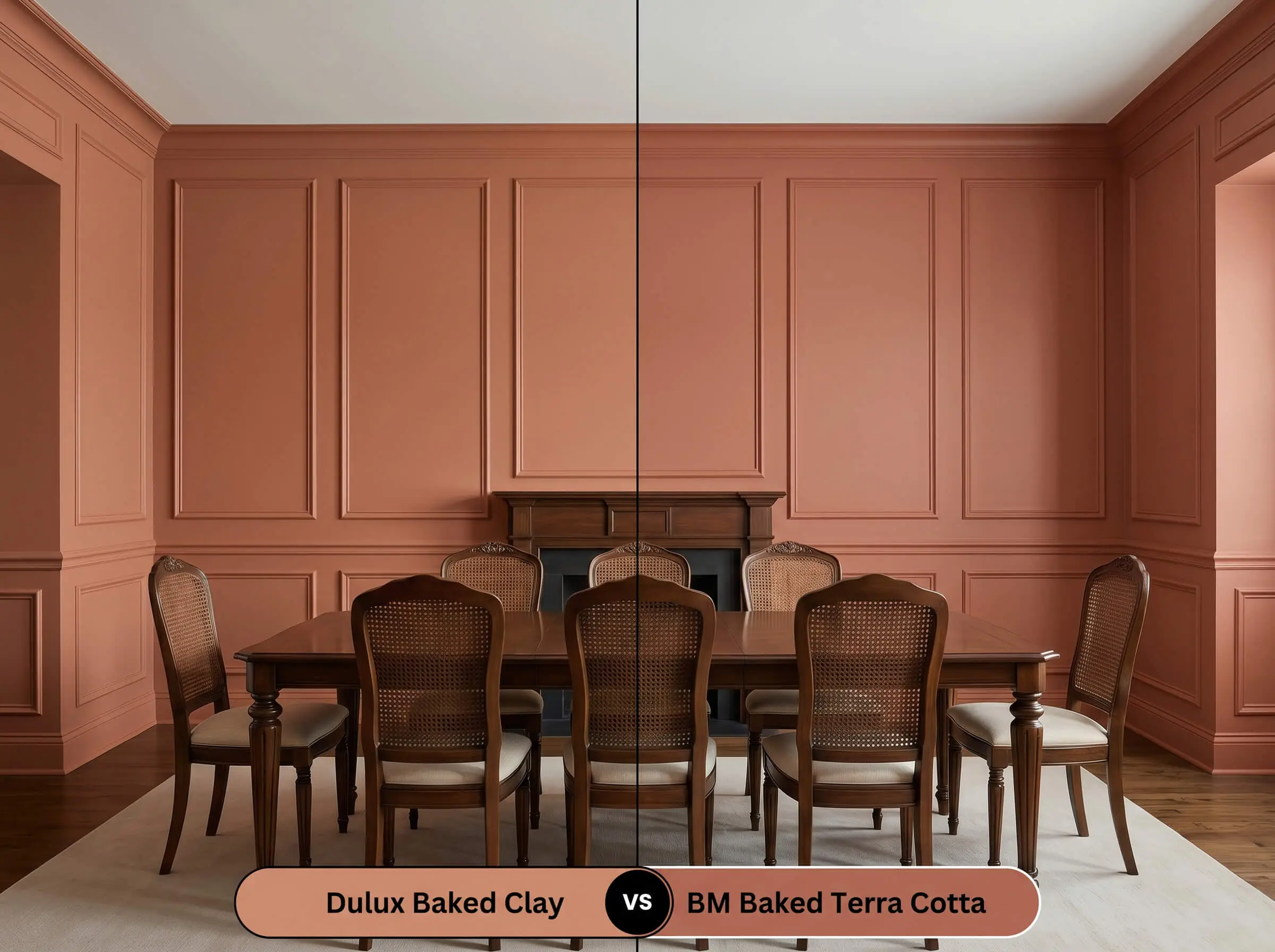 A side-by-side split-screen comparison of Dulux Baked Clay on the left and Benjamin Moore Baked Terra Cotta on the right, shown in a traditional dining room.