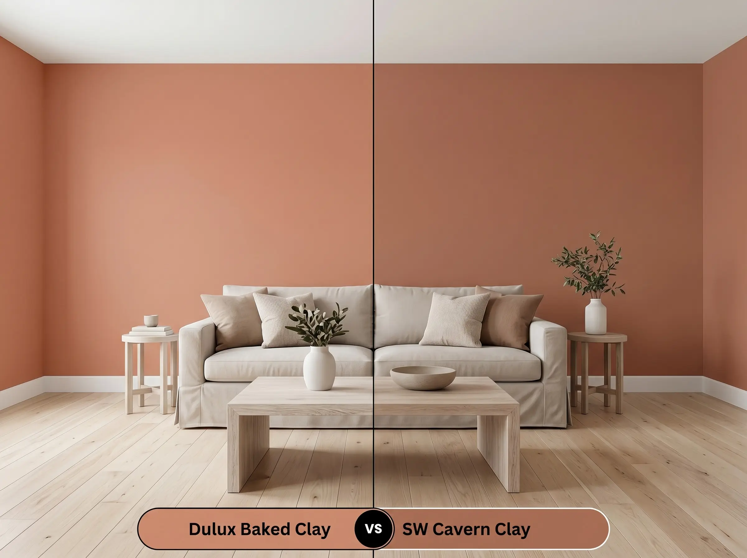 A side-by-side split-screen comparison of Dulux Baked Clay on the left and Sherwin-Williams Cavern Clay on the right, shown in a mirrored living room.