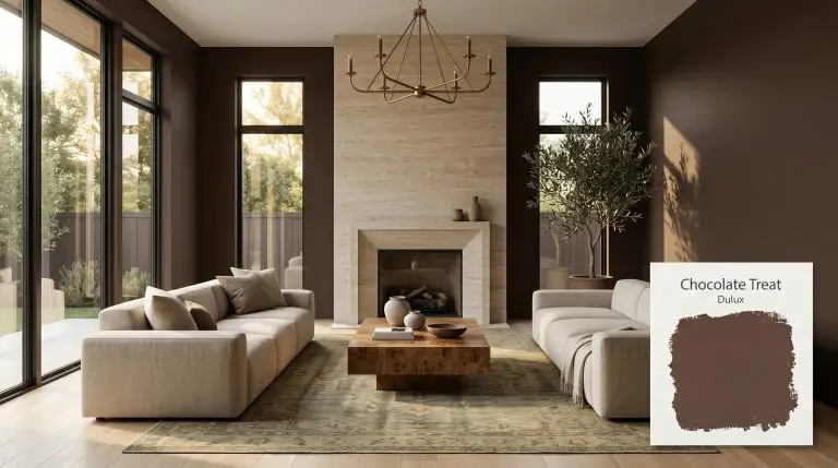 A modern living room painted in Dulux Chocolate Treat (Hex #5c3f35) features a honed travertine fireplace, an unbleached linen modular sofa, and wide-plank oak floors.