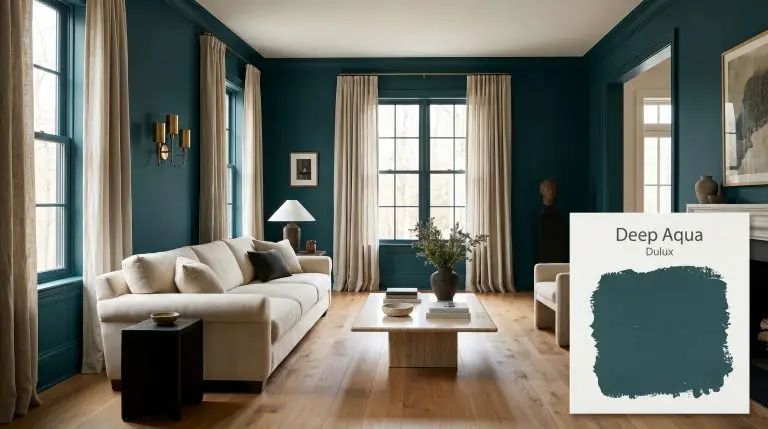 A sophisticated living room painted in Dulux Deep Aqua (Hex #274b50) features rift-sawn oak flooring, a plush cream sofa, and unlacquered brass wall sconces.