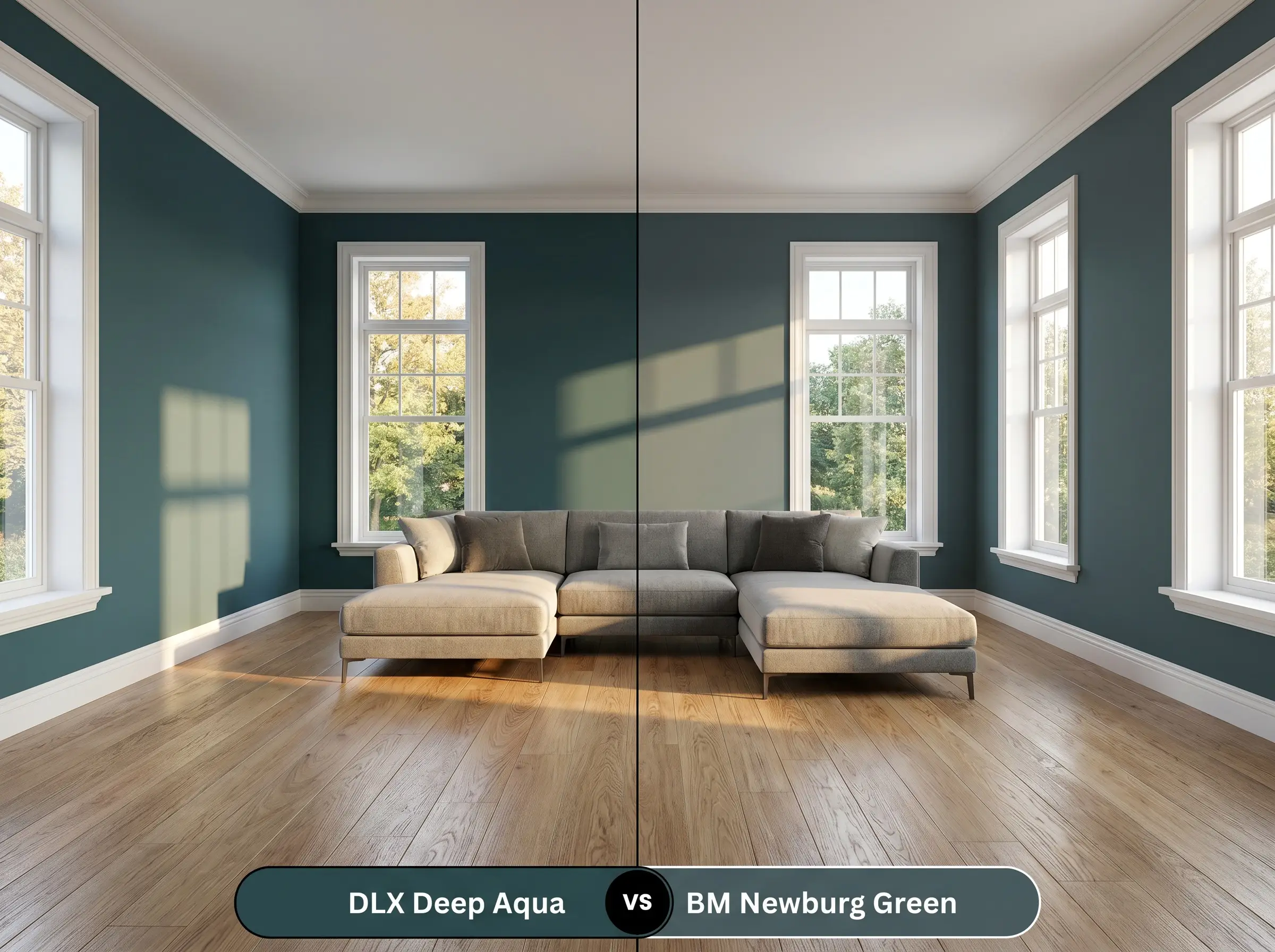 A side-by-side split-screen comparison of Dulux Deep Aqua on the left and Benjamin Moore Newburg Green on the right, shown in a modern living room with rift-sawn oak flooring.