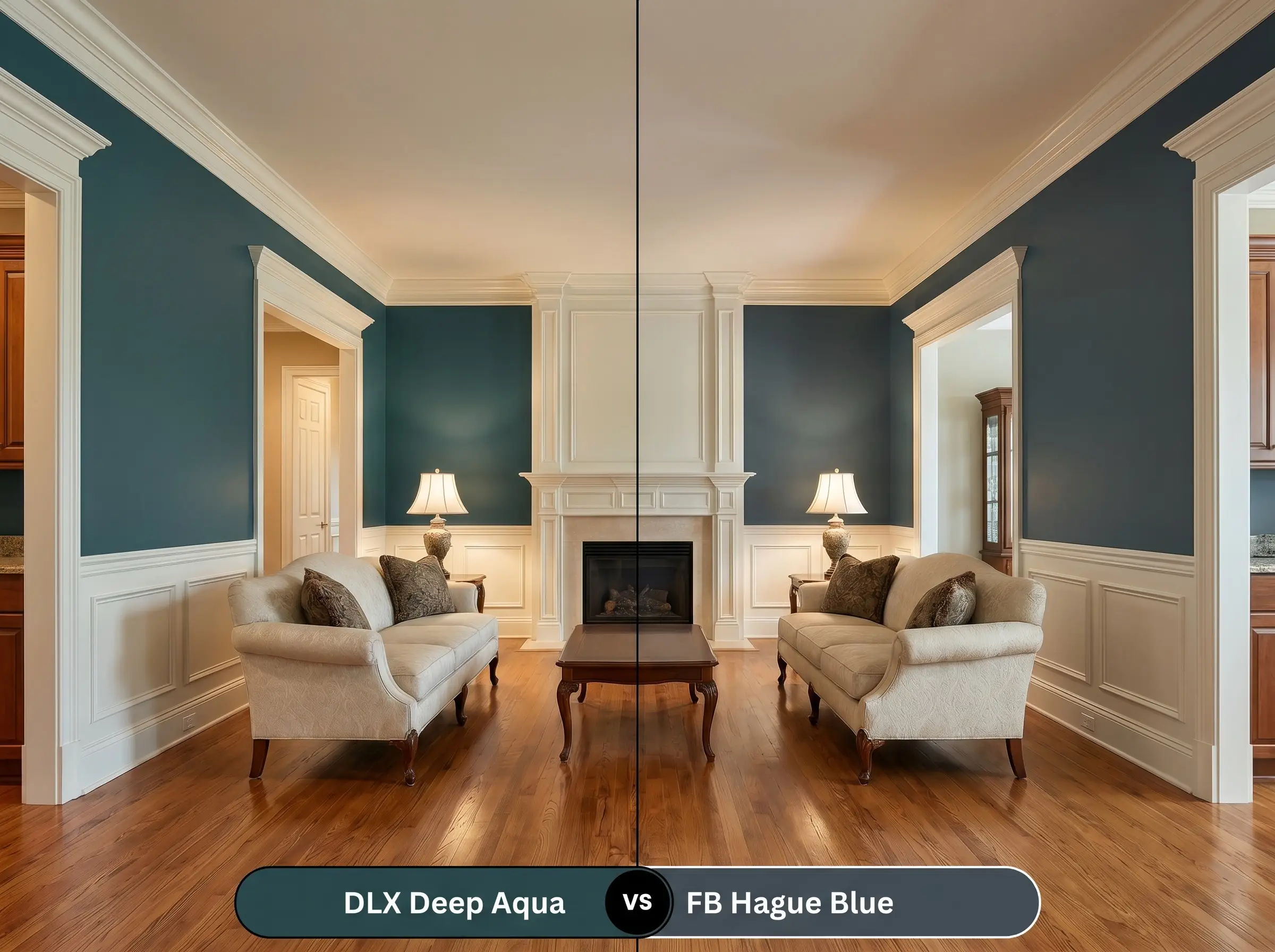 A side-by-side split-screen comparison of Dulux Deep Aqua on the left and Farrow & Ball Hague Blue on the right, shown in a traditional living room featuring extensive crown molding.