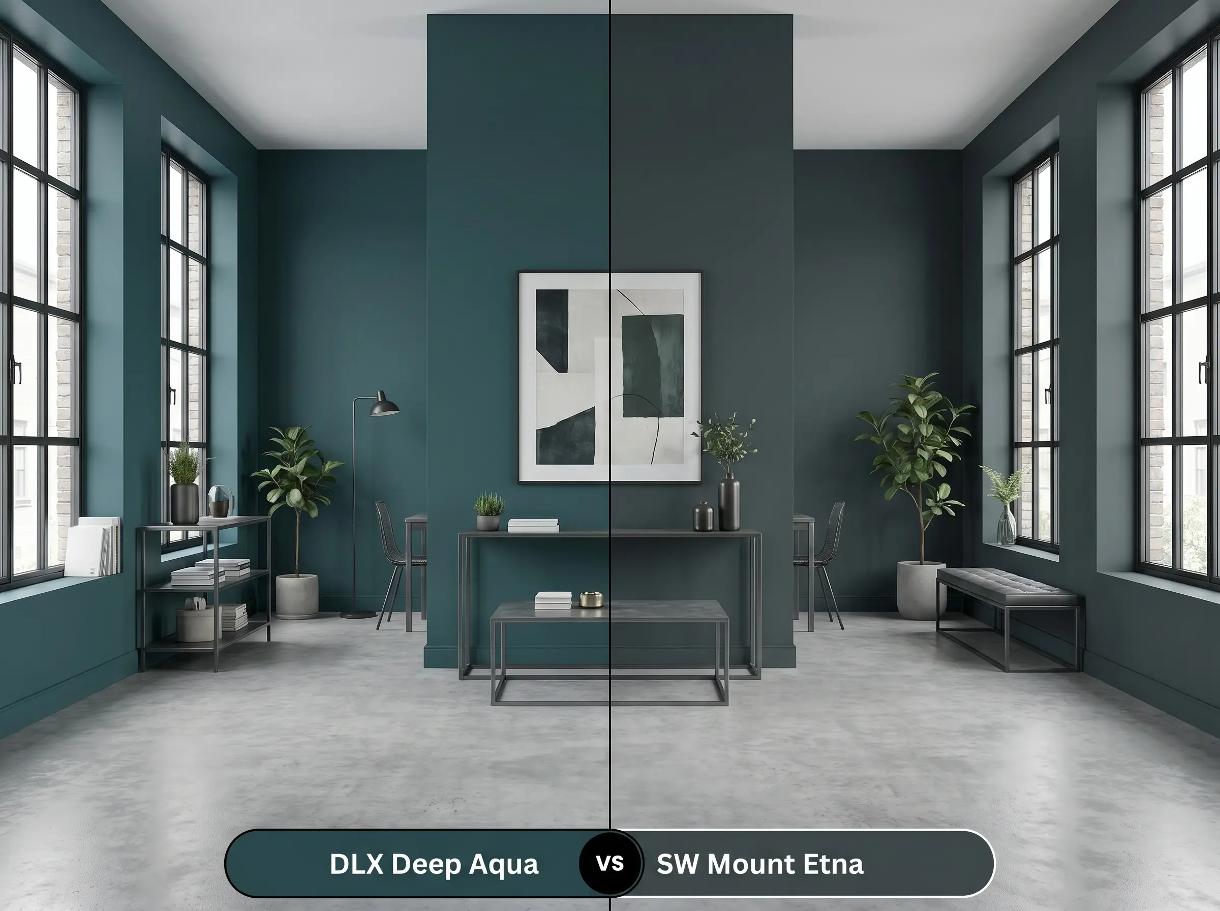 A side-by-side split-screen comparison of Dulux Deep Aqua on the left and Sherwin-Williams Mount Etna on the right, shown in an industrial living room with concrete-style flooring.