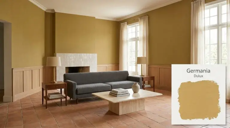 A spacious living room painted in Dulux Germania (Hex #ddc17e) features crisp white oak wainscoting, a honed travertine coffee table, and a charcoal-gray boucle sofa.