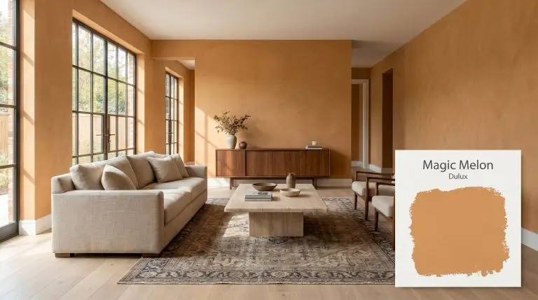 A raw linen sofa and solid travertine coffee table anchor an open-plan living room painted in Dulux Magic Melon (Hex #de9351).