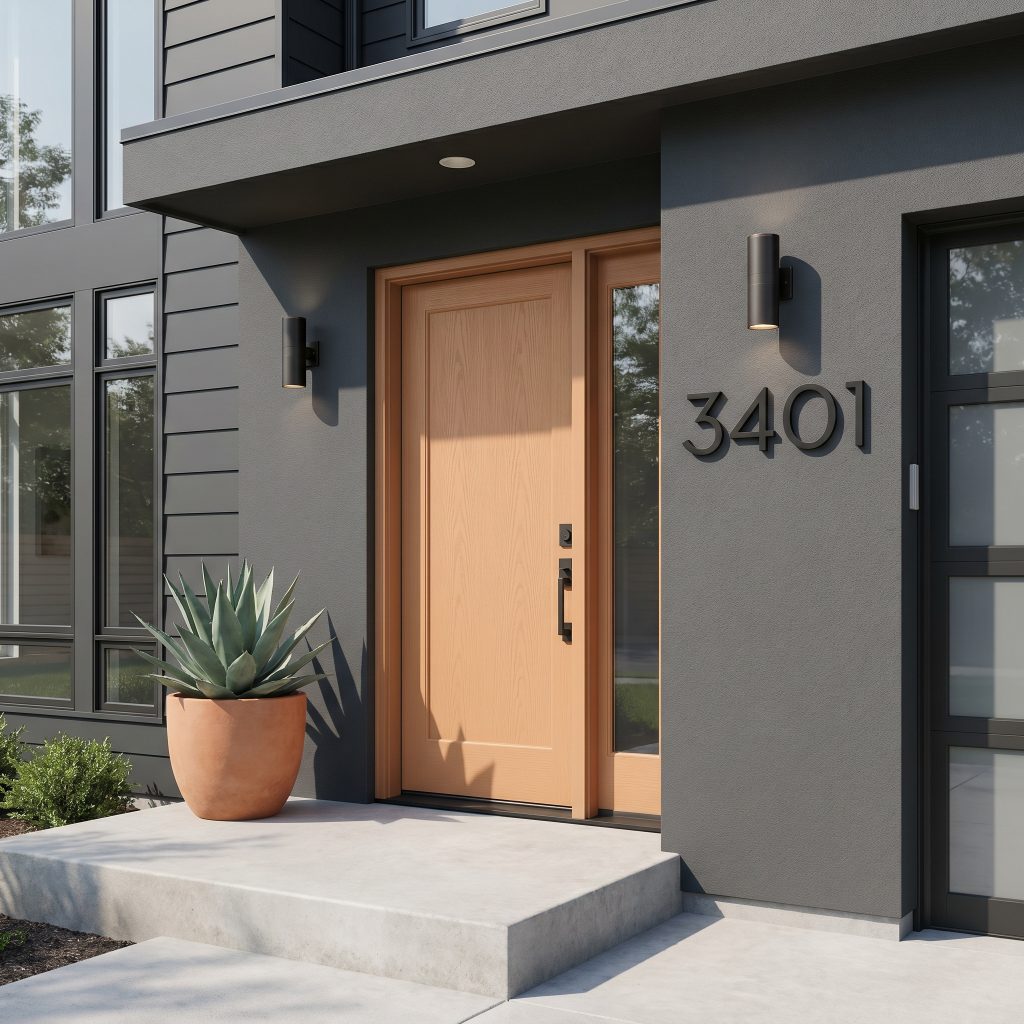 Oversized matte black house numbers and blackened bronze lighting fixtures frame a soft, sandy terracotta front door set into a crisp charcoal grey facade.