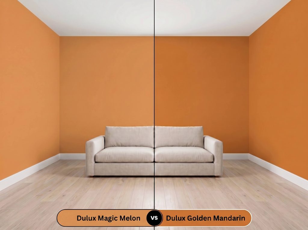 A side-by-side split-screen comparison of Dulux Magic Melon on the left and Dulux Golden Mandarin on the right, shown in a mirrored modern living room.