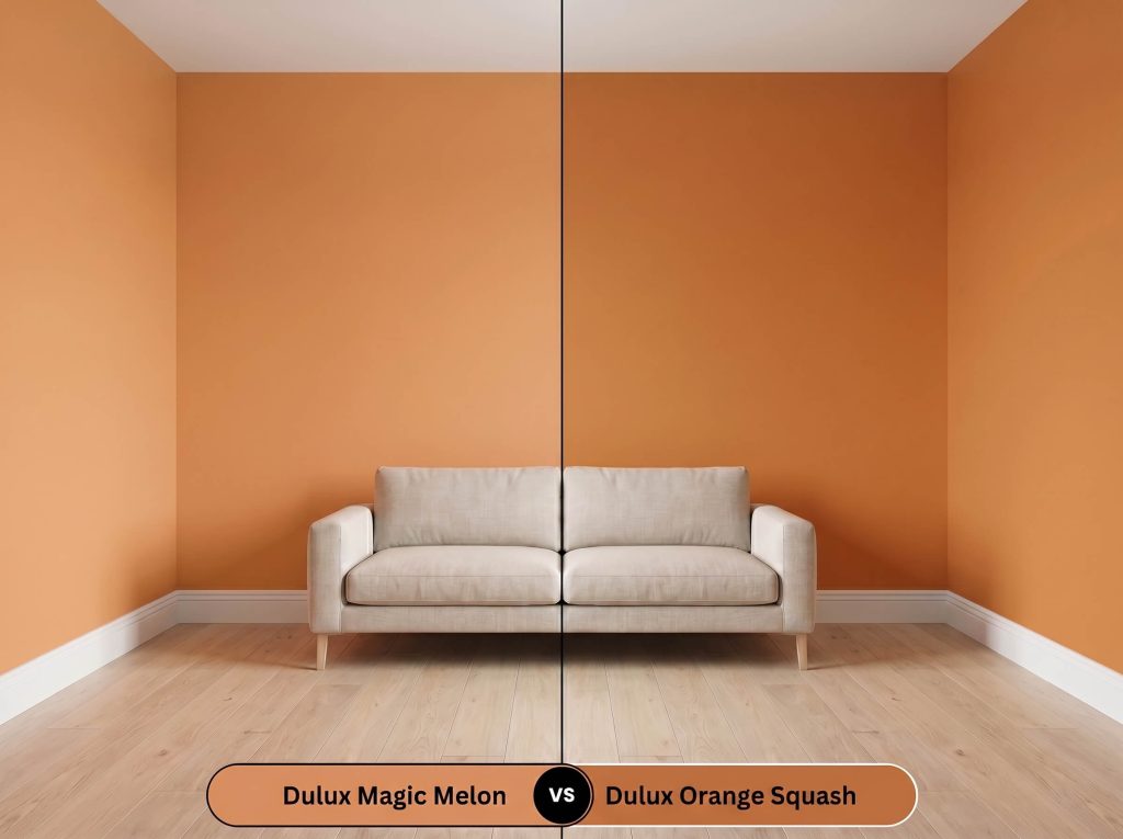 A side-by-side split-screen comparison of Dulux Magic Melon on the left and Dulux Orange Squash on the right, shown in a modern living room.