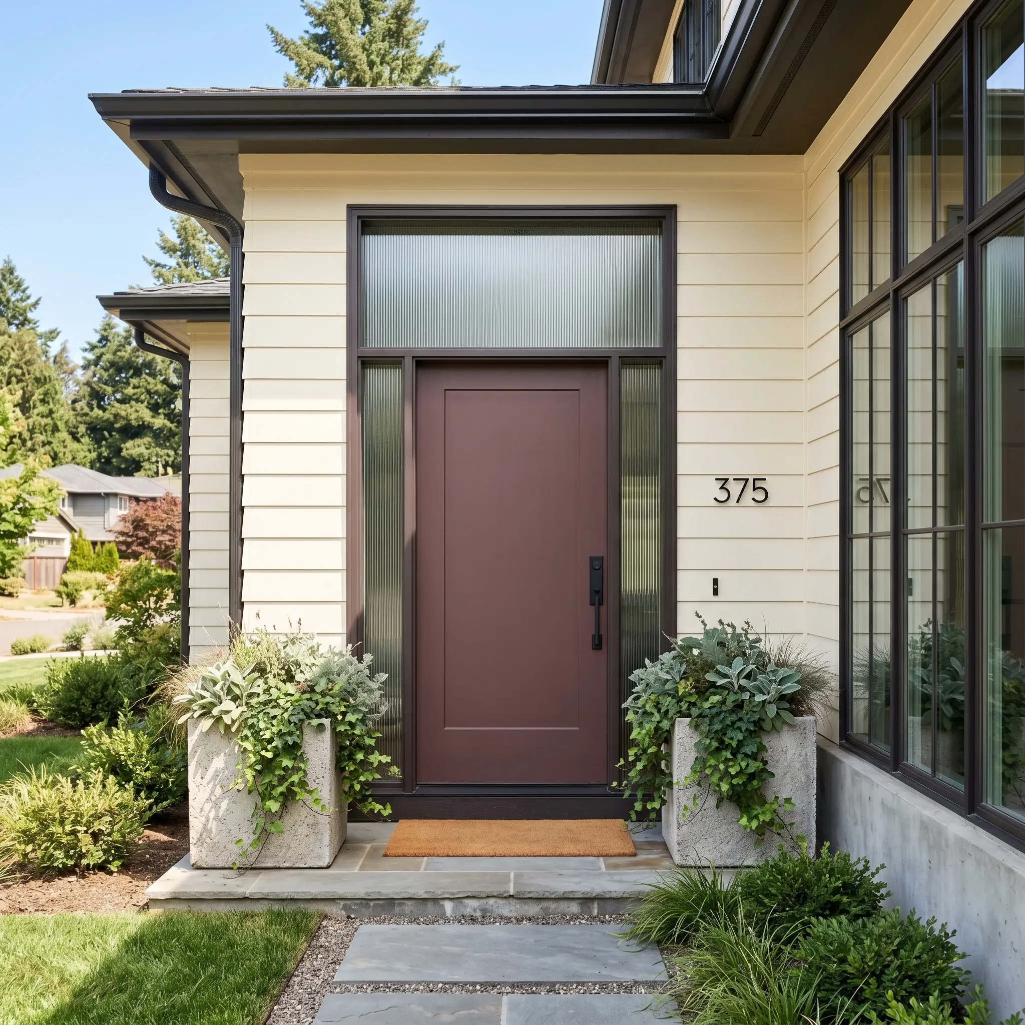 Blackened steel hardware accents a warm violet base exterior door flanked by oversized concrete planters and creamy off-white siding.