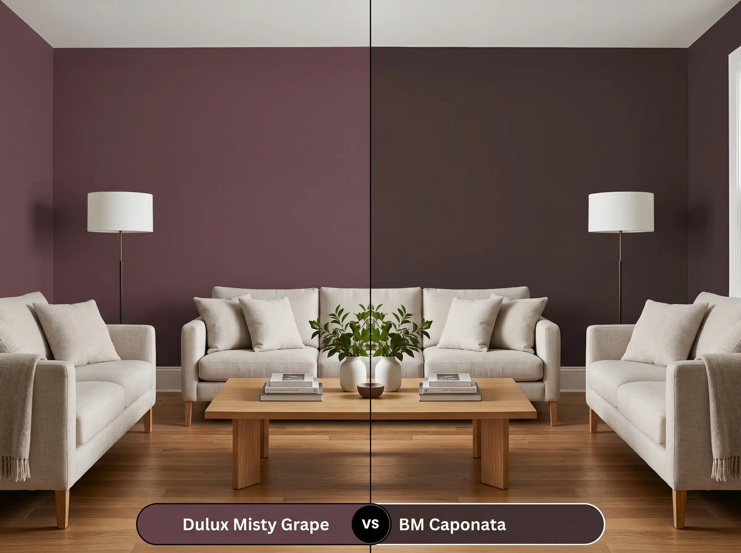 A side-by-side split-screen comparison of Dulux Misty Grape on the left and Benjamin Moore Caponata on the right, shown in a mirrored living room.