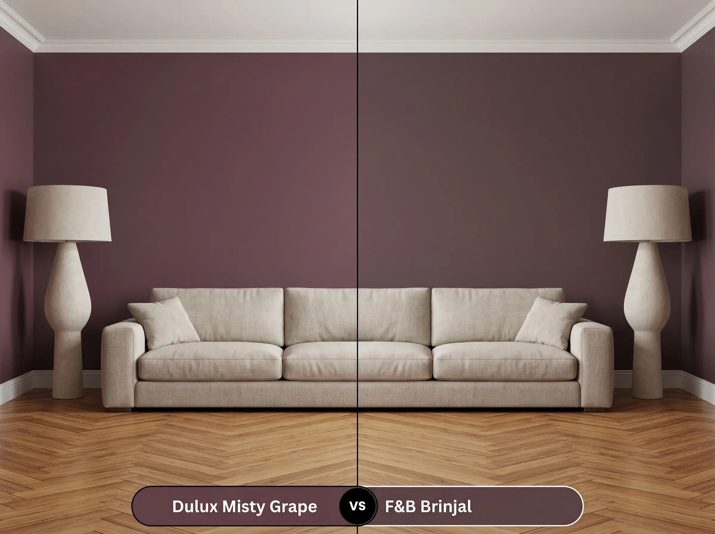 A side-by-side split-screen comparison of Dulux Misty Grape on the left and Farrow & Ball Brinjal on the right, shown in a mirrored living room.