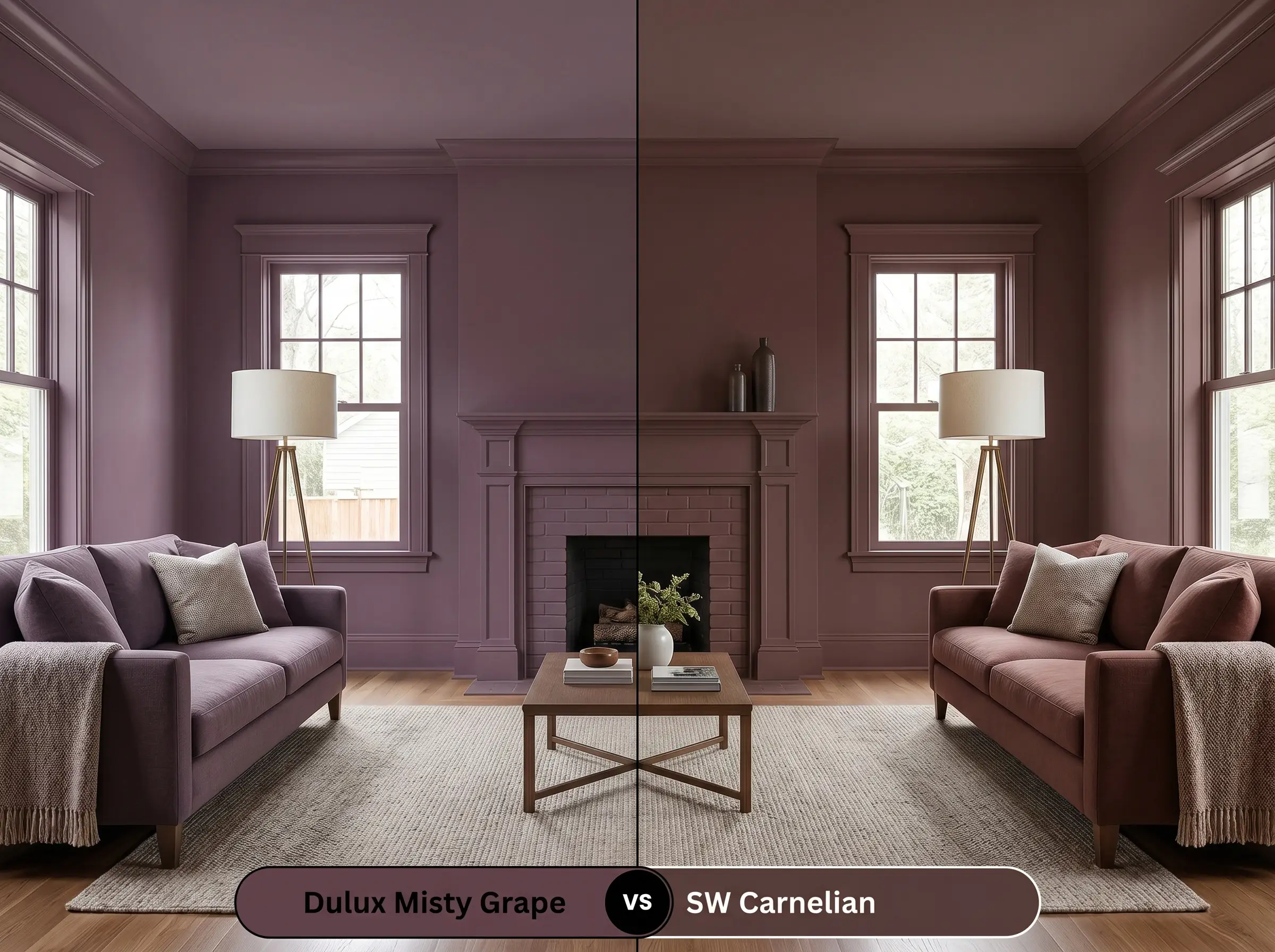 A side-by-side split-screen comparison of Dulux Misty Grape on the left and Sherwin-Williams Carnelian on the right, shown in a mirrored living room.