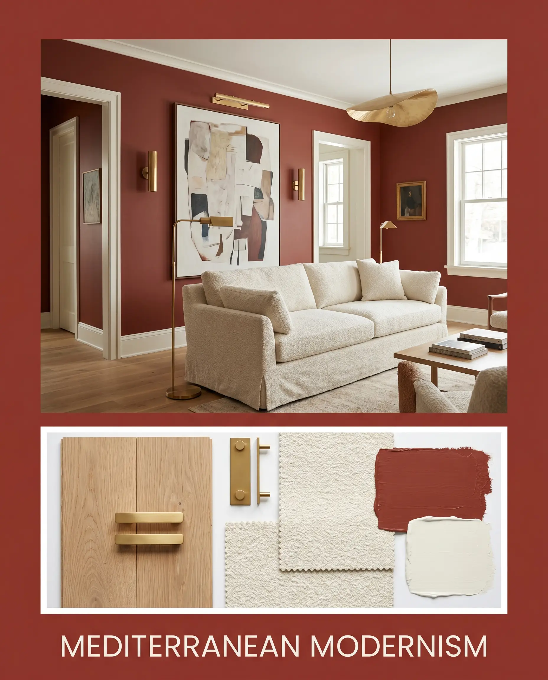 Rift-sawn white oak planks and unlacquered brass hardware sit beneath a living space showcasing a cream bouclé sofa and oversized abstract art against a warm terracotta backdrop.