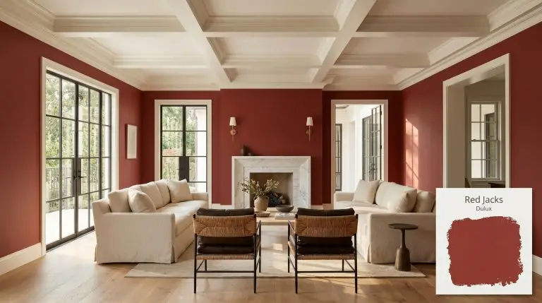 A cream bouclé slipcovered sofa sits opposite blackened steel chairs in a living room painted in Dulux Red Jacks (Hex #95352e).