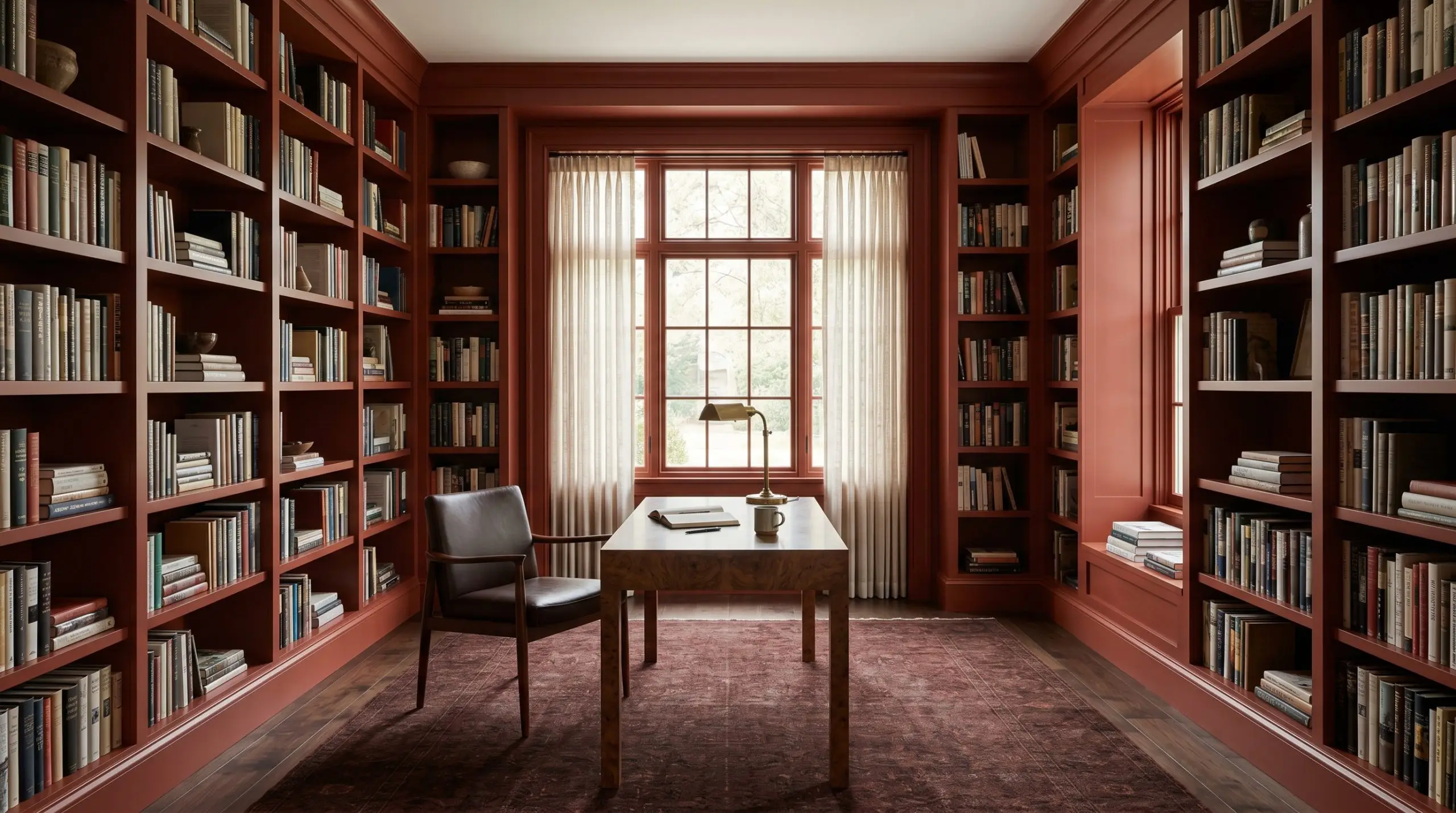 A sleek burled walnut desk and minimalist leather chair anchor a home library featuring modern built-in bookcases painted entirely in Dulux Red Jacks (Hex #95352e).