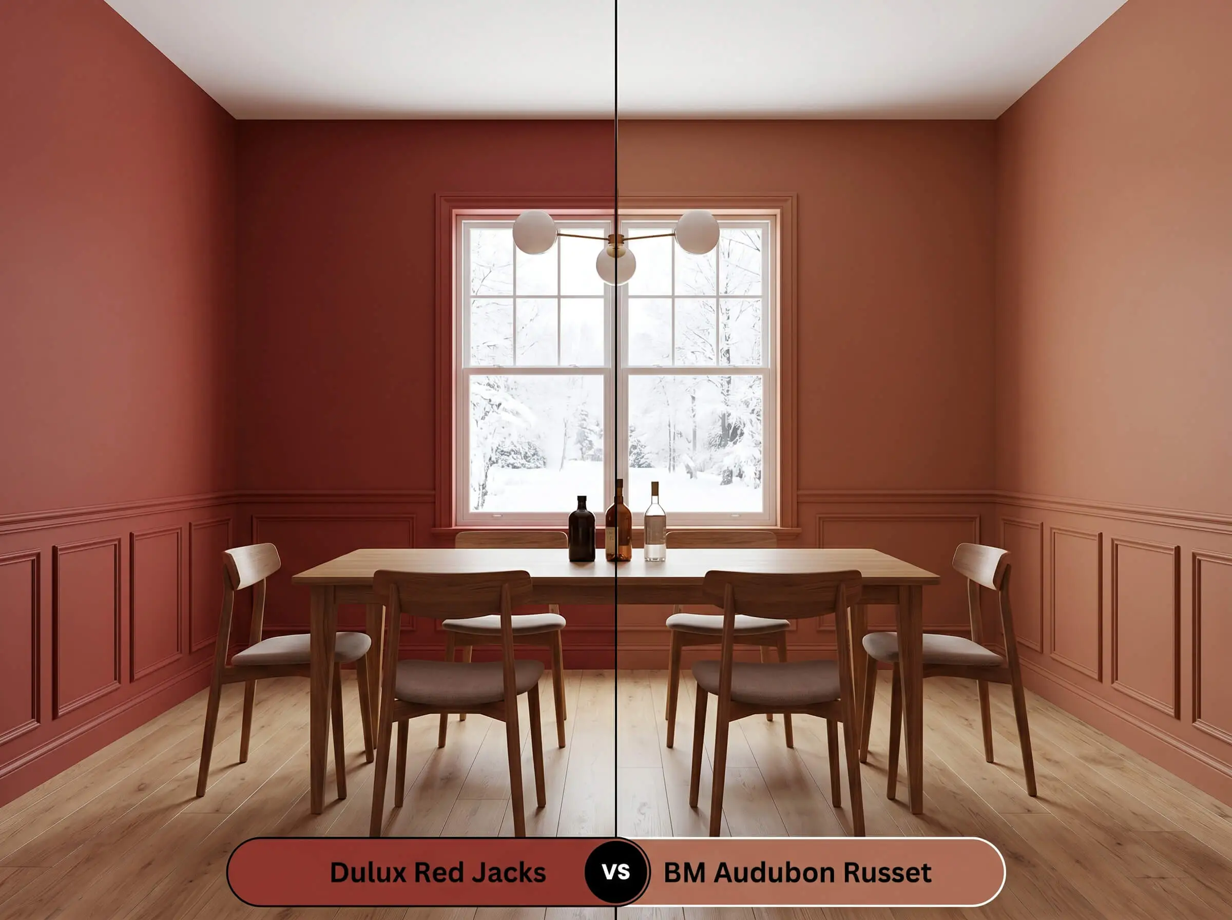 A side-by-side split-screen comparison of Dulux Red Jacks on the left and Benjamin Moore Audubon Russet on the right, shown in a dining room centered around a natural wood floor and dining table.