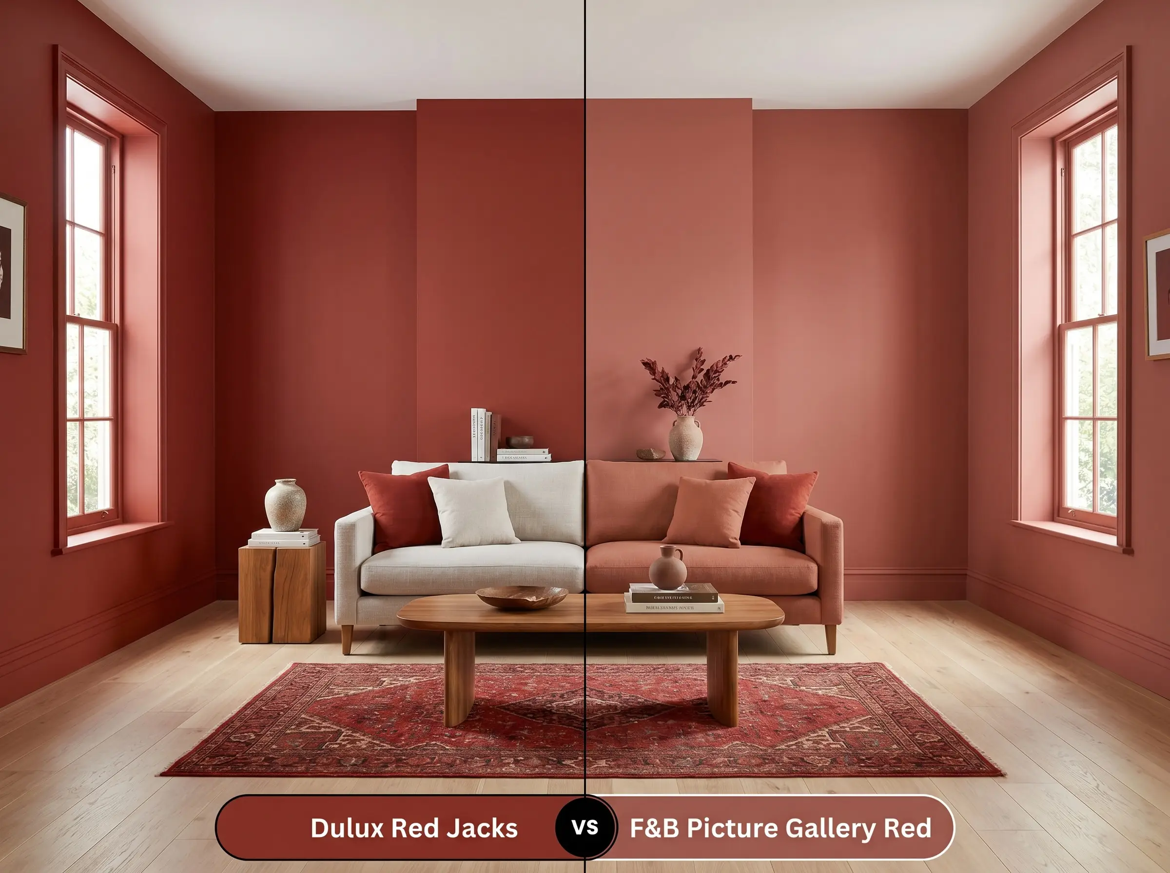 A side-by-side split-screen comparison of Dulux Red Jacks on the left and Farrow & Ball Picture Gallery Red on the right, shown in a living room featuring a seamless white oak floor and a central light-colored sofa.