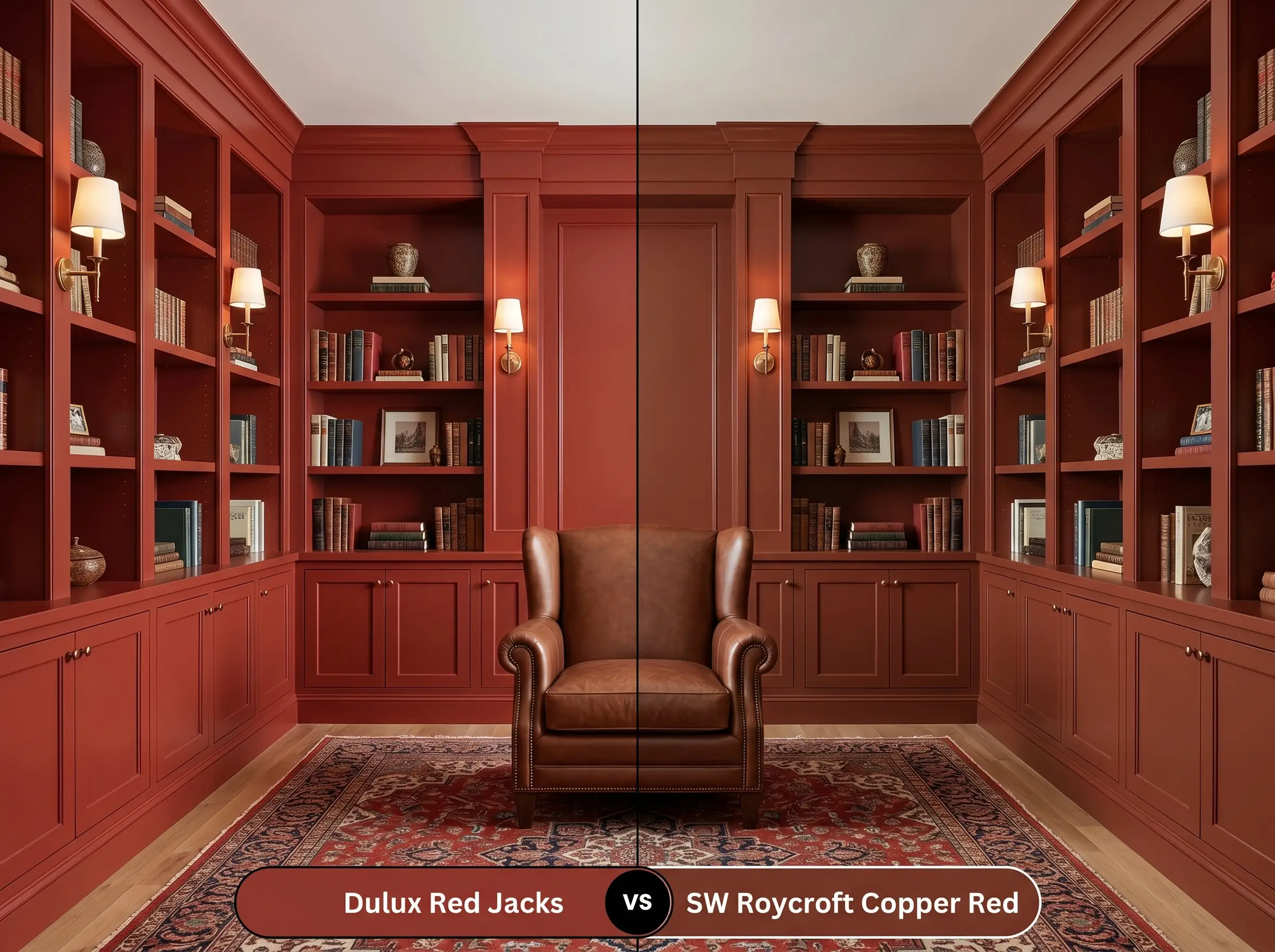 A side-by-side split-screen comparison of Dulux Red Jacks on the left and Sherwin-Williams Roycroft Copper Red on the right, shown in a home library featuring a patterned rug and a leather reading chair.