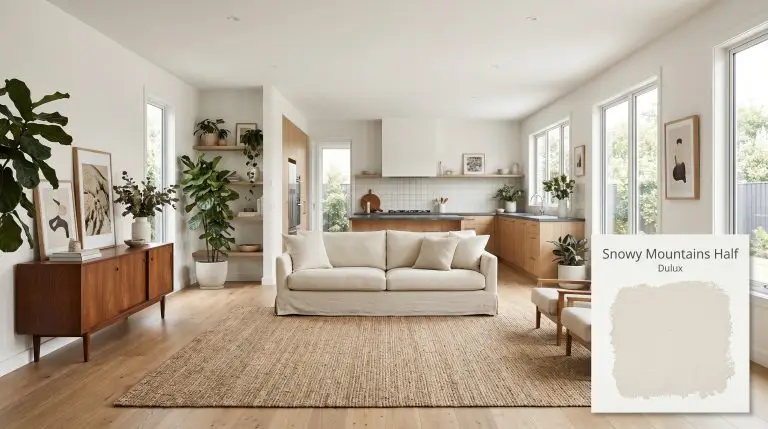 A slipcovered washed linen sofa and mid-century walnut credenza anchor an open-plan living room painted in Dulux Snowy Mountains Half (Hex #edede5).
