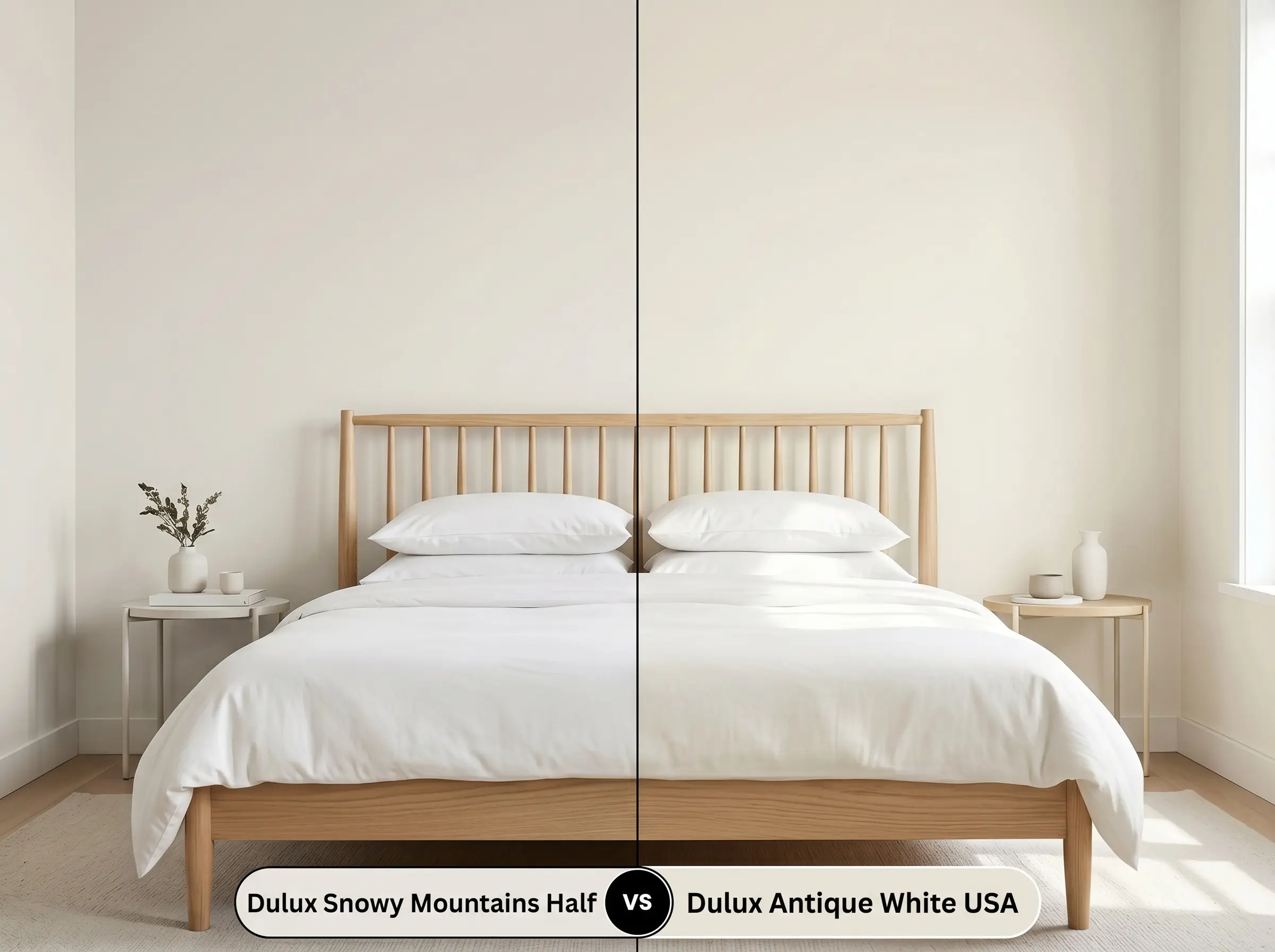 A side-by-side split-screen comparison of Dulux Snowy Mountains Half on the left and Dulux Antique White USA on the right, shown in a bedroom featuring an ash spindle bed.