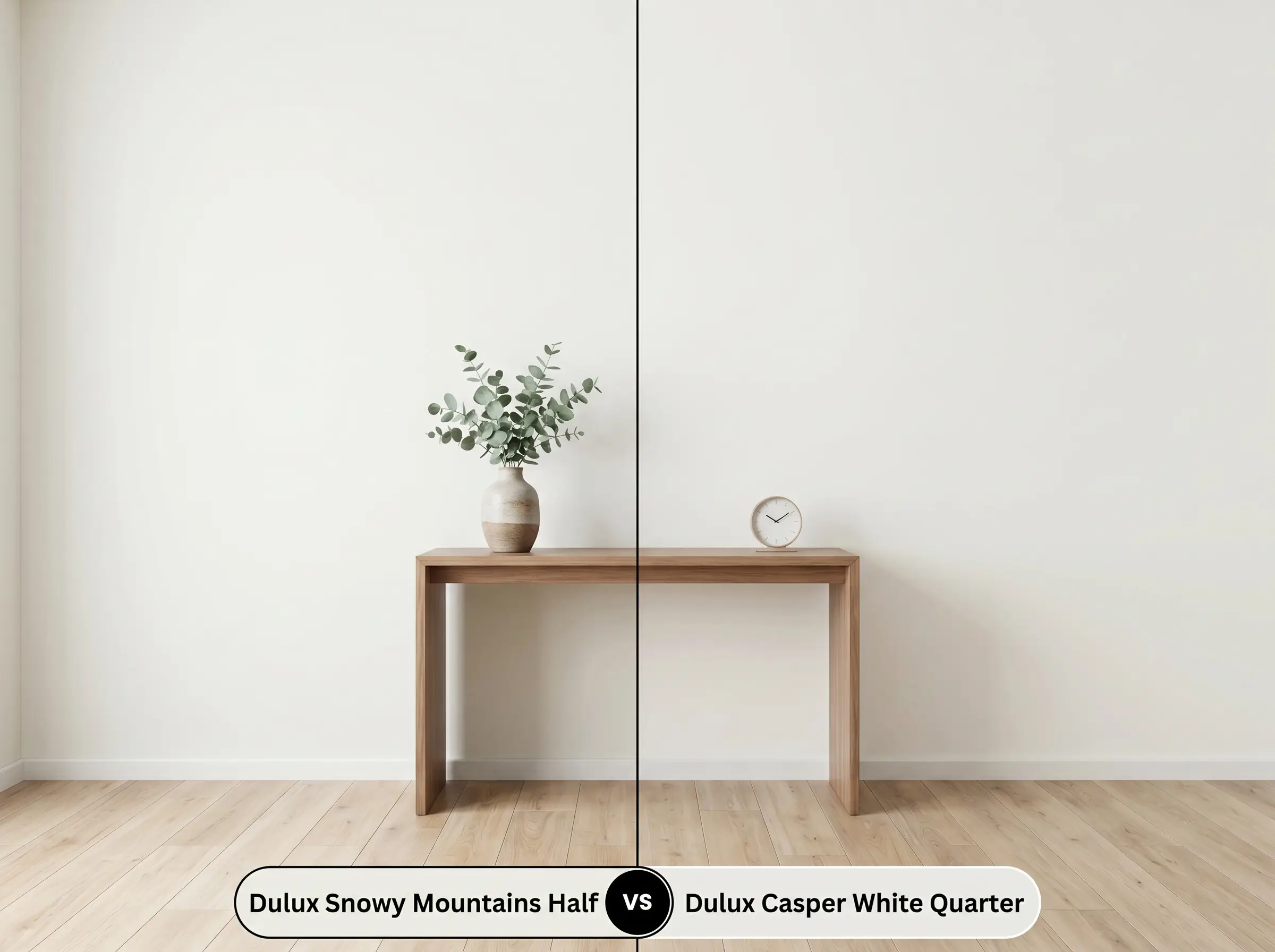A side-by-side split-screen comparison of Dulux Snowy Mountains Half on the left and Dulux Casper White Quarter on the right, shown in an open-plan space with a walnut console.