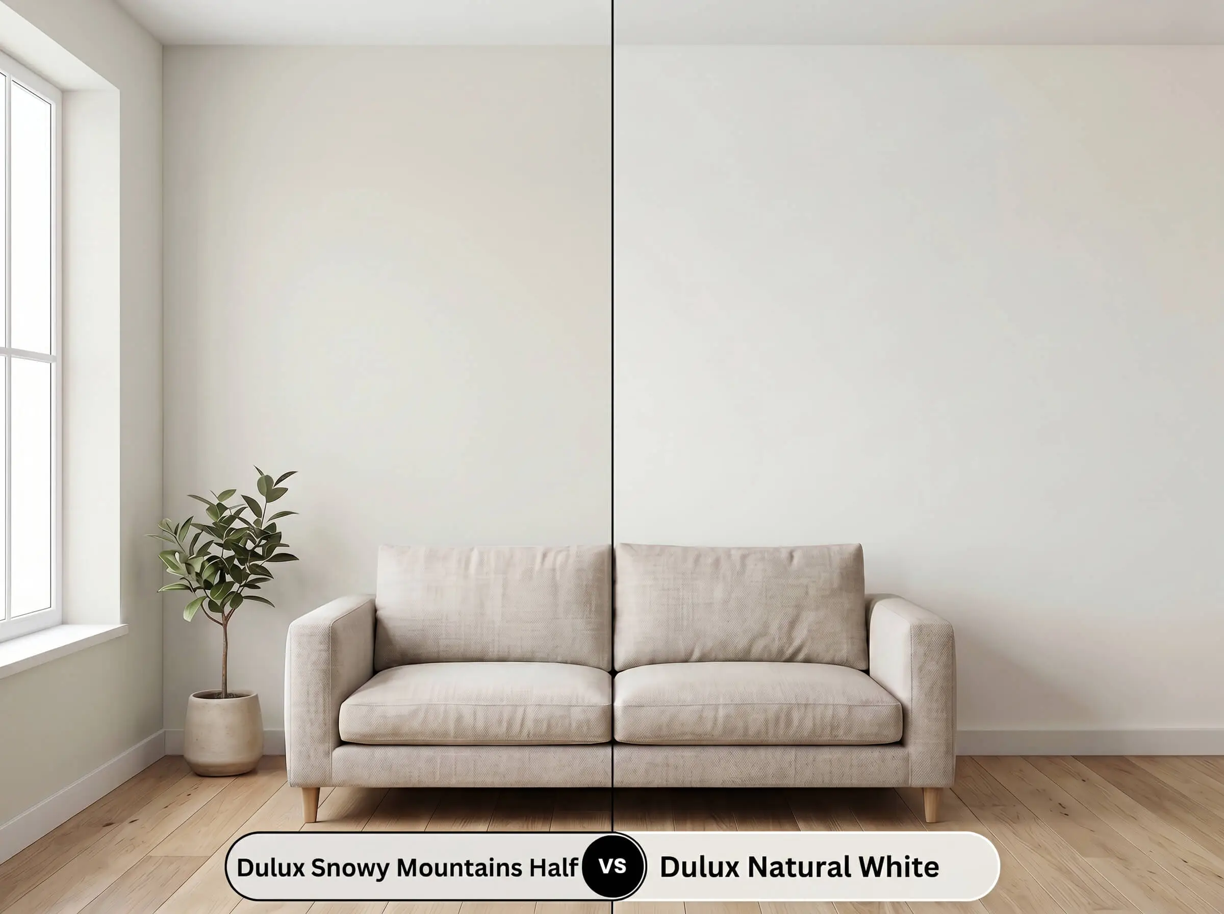 A side-by-side split-screen comparison of Dulux Snowy Mountains Half on the left and Dulux Natural White on the right, shown in a linen-furnished living room.
