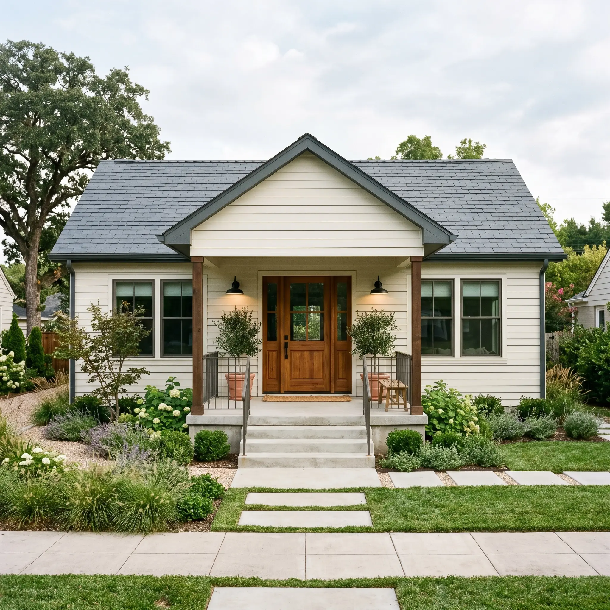 A charcoal slate roof and natural timber front door complement traditional weatherboard siding painted in Dulux Snowy Mountains Half (Hex #edede5).