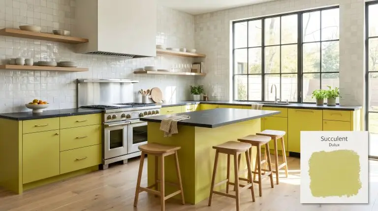 Unlacquered brass hardware and matte soapstone countertops accent modern kitchen cabinetry painted in Dulux Succulent (Hex #ddda65), grounded by wide-plank white oak floors.