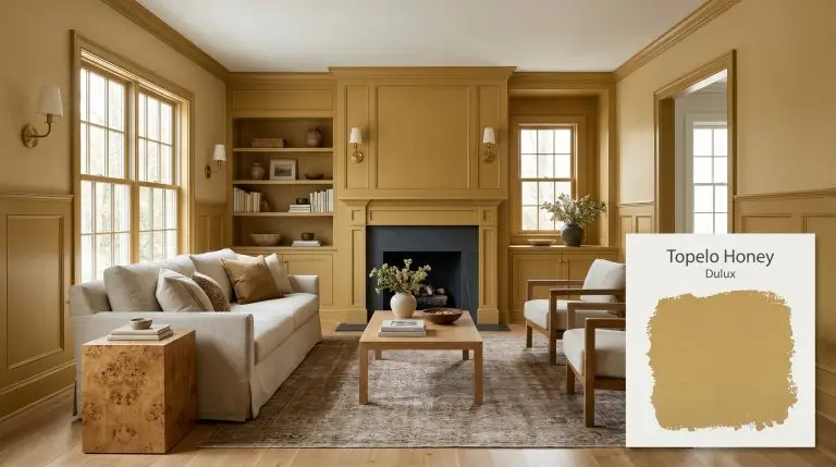 Extensive wainscoting and built-in bookshelves painted in Dulux Topelo Honey (Hex #c09c4d) frame a slipcovered washed canvas sofa and honed soapstone fireplace.