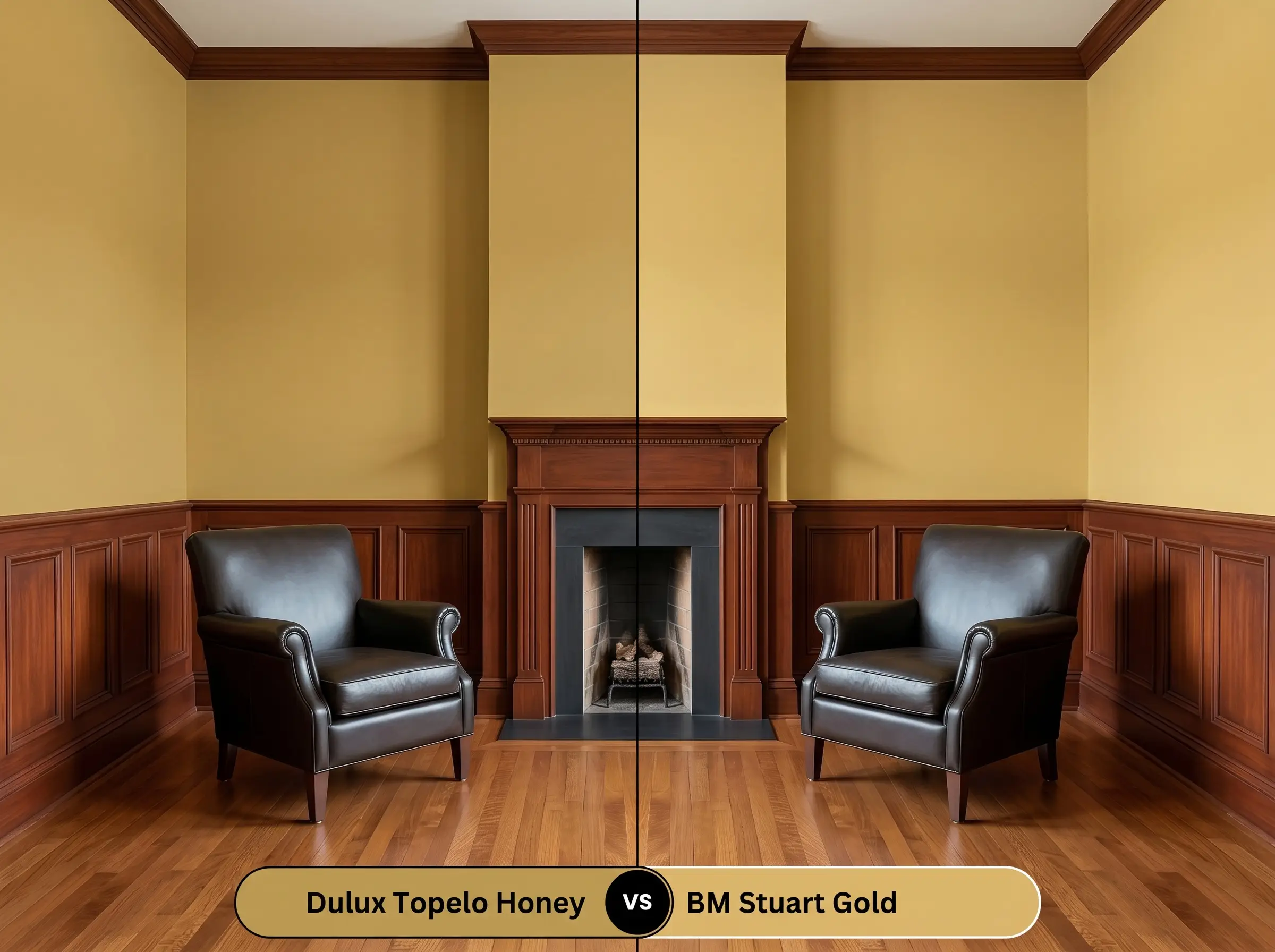 A side-by-side split-screen comparison of Dulux Topelo Honey on the left and Benjamin Moore Stuart Gold on the right, shown in a formal traditional study with rich mahogany wainscoting.