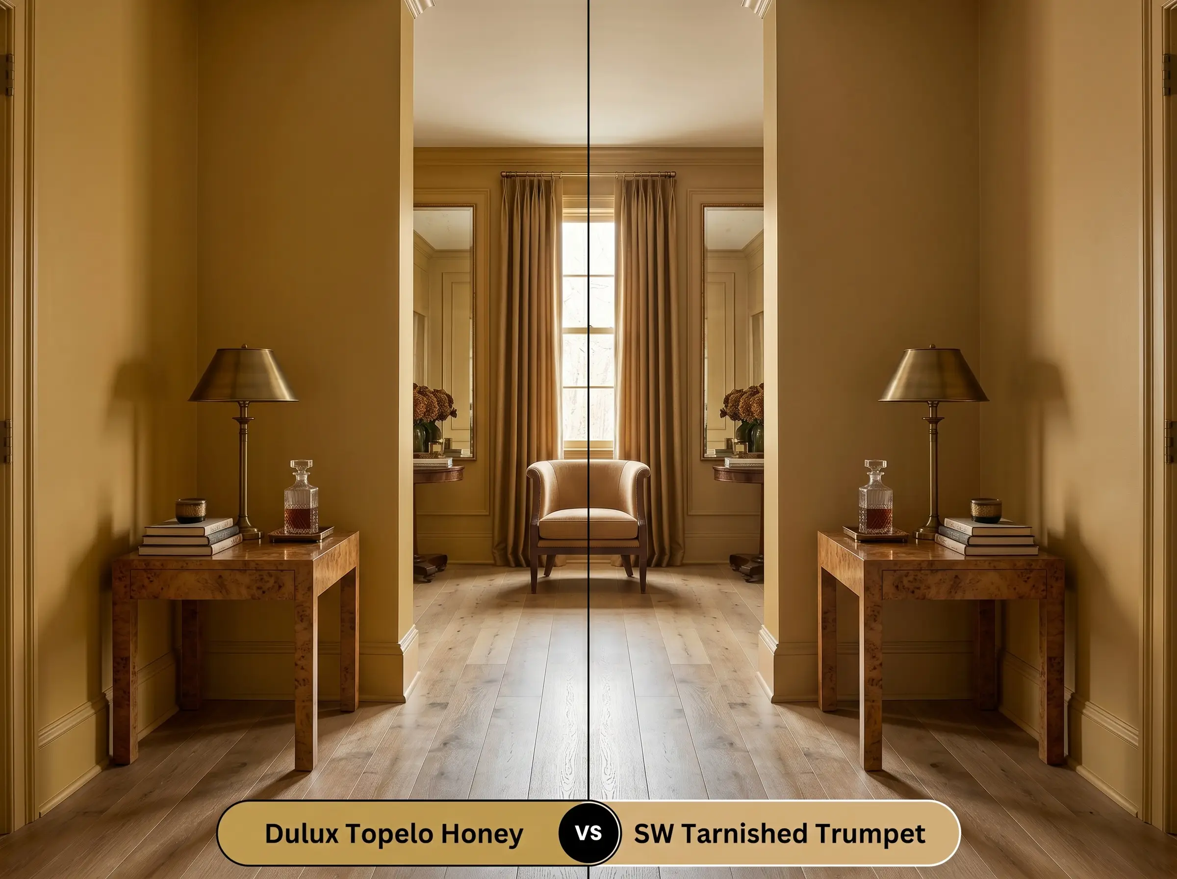 A side-by-side split-screen comparison of Dulux Topelo Honey on the left and Sherwin-Williams Tarnished Trumpet on the right, shown in a dimly lit living room corner featuring a burl wood side table.