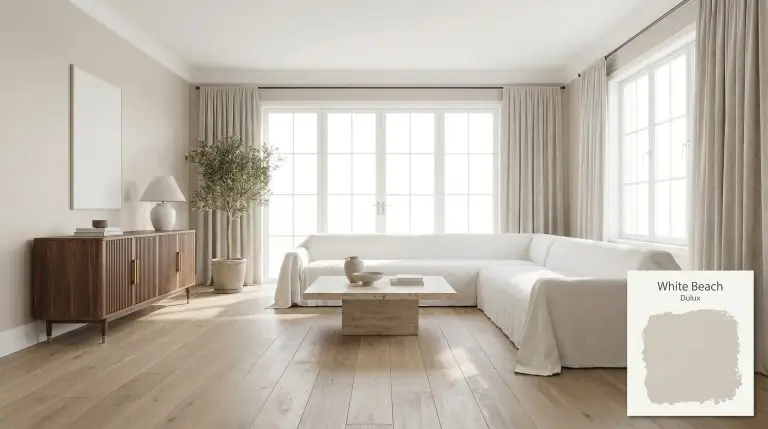A raw travertine plinth coffee table and white slub cotton sofa anchor a light-filled living room painted in Dulux White Beach (Hex #d5ccbd).