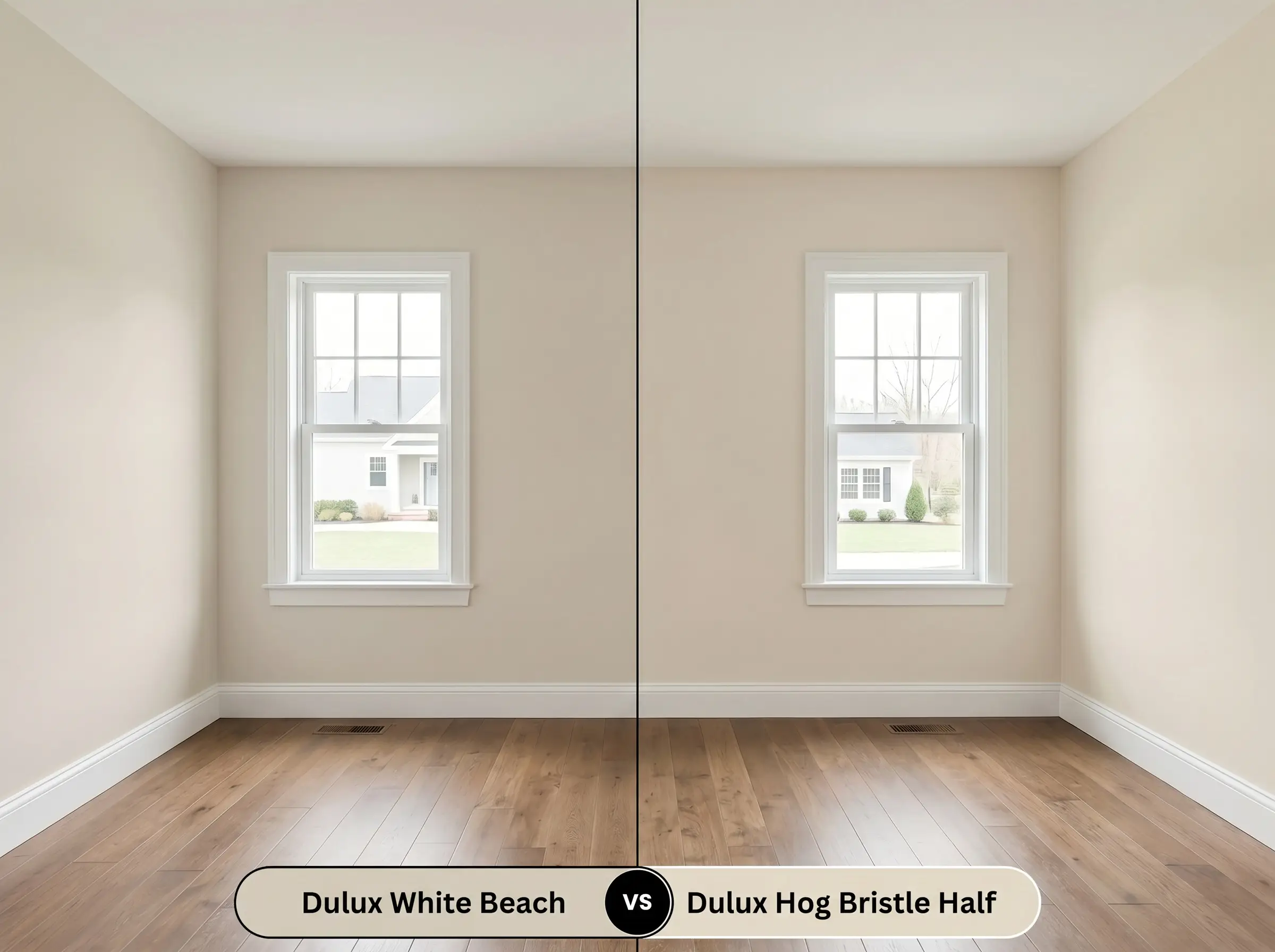 A side-by-side split-screen comparison of Dulux White Beach on the left and Dulux Hog Bristle Half on the right, shown in an empty room featuring matte hardwood floors.