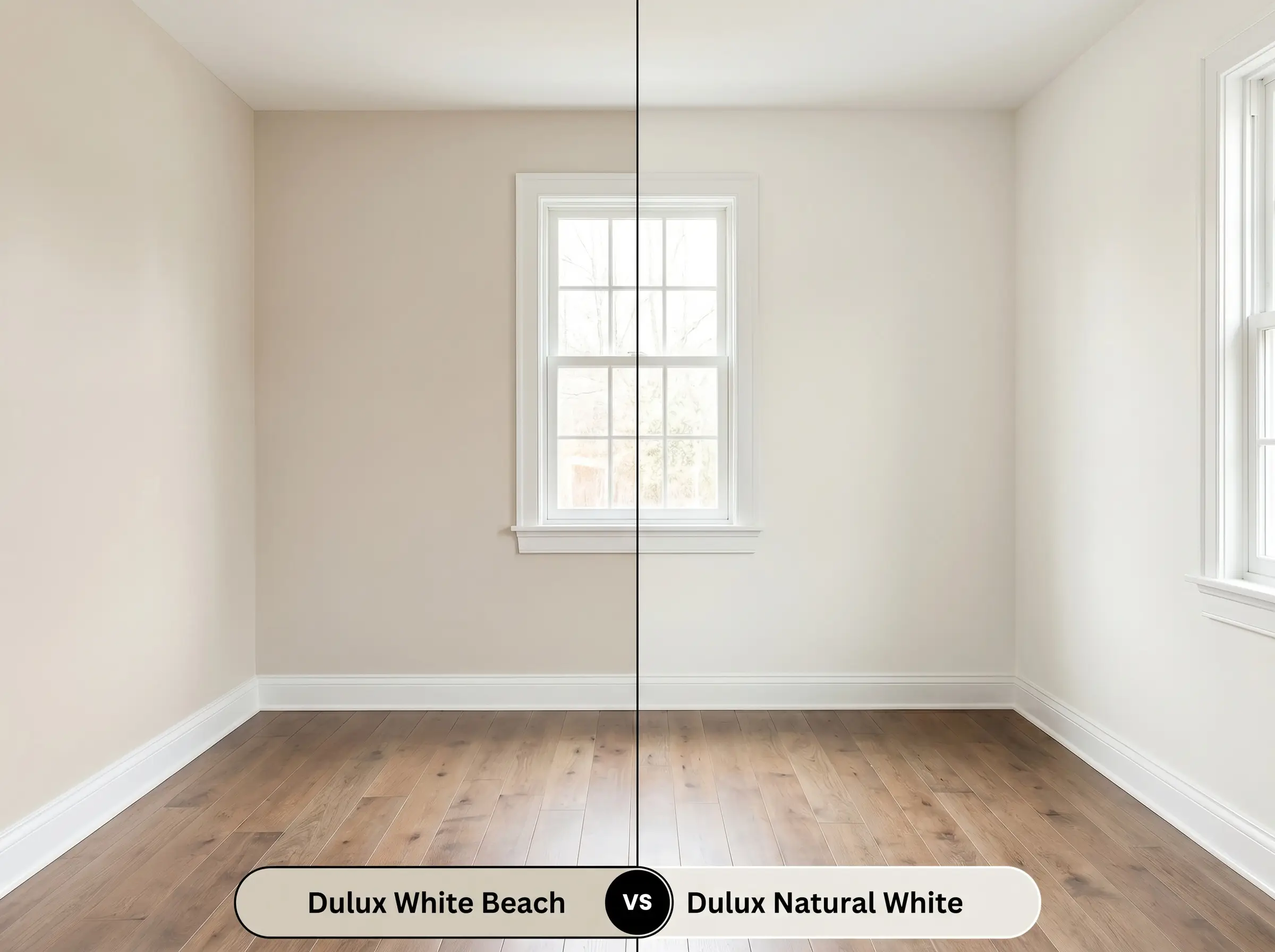 A side-by-side split-screen comparison of Dulux White Beach on the left and Dulux Natural White on the right, shown in a minimalist room with white baseboards.
