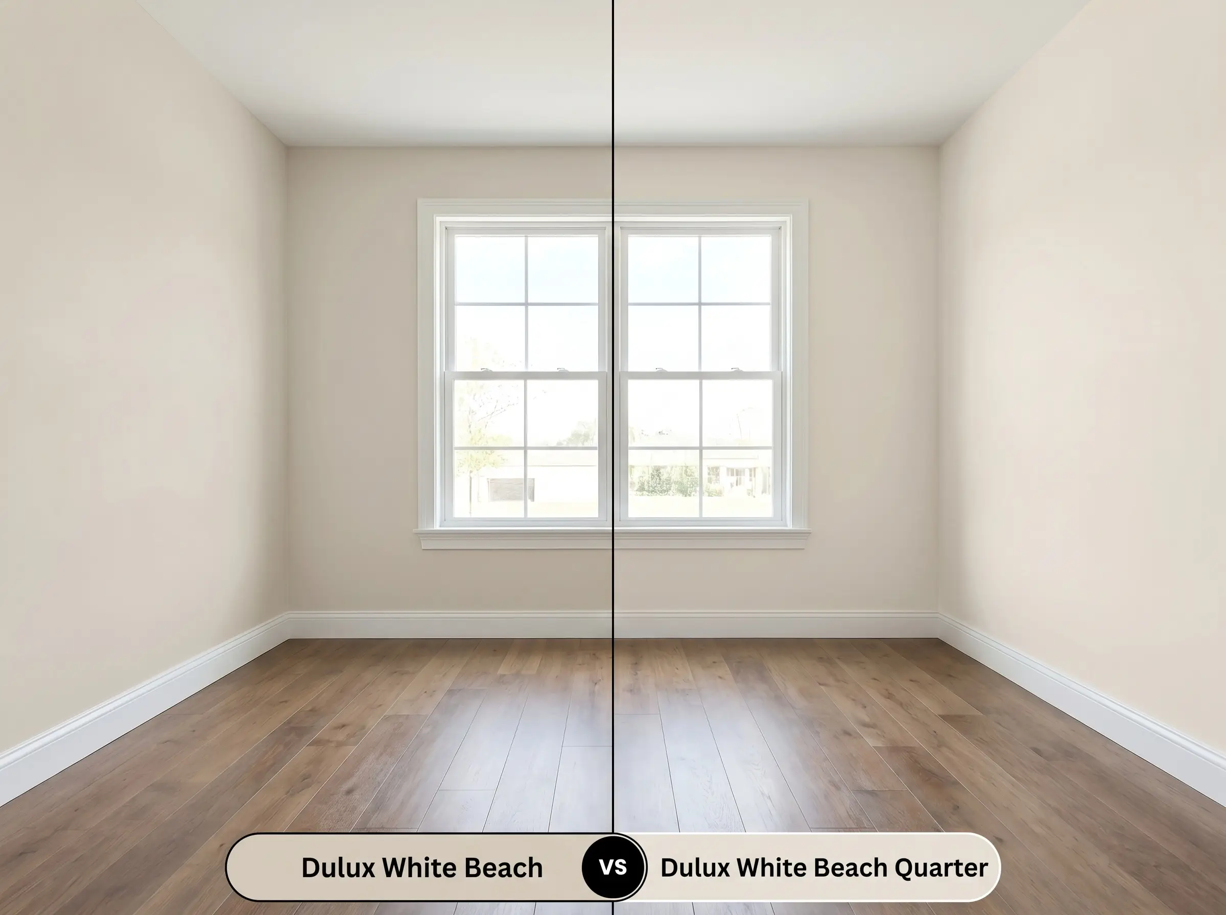 A side-by-side split-screen comparison of Dulux White Beach on the left and Dulux White Beach Quarter on the right, shown in a clean residential interior.