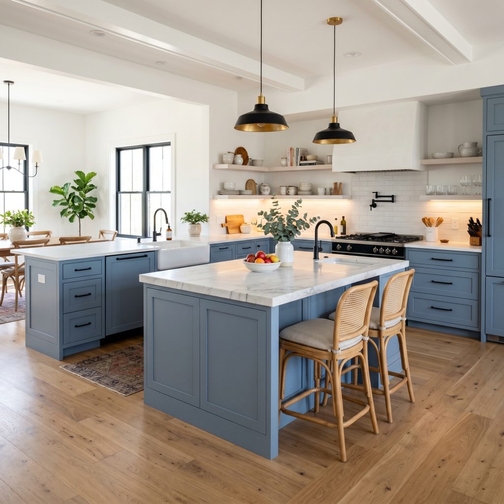 A large central kitchen island and lower cabinetry painted in a mid-tone blue contrast against wide-plank white oak flooring and matte black steel hardware.