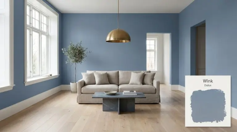 Expansive walls painted in Dulux Wink (Hex #7794af) ground a tailored living room featuring wide-plank white oak flooring, a washed linen sofa, and a honed soapstone coffee table.