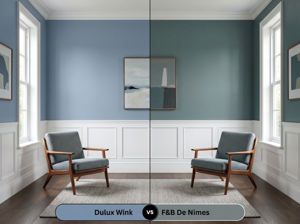 A side-by-side split-screen comparison of Dulux Wink on the left and Farrow & Ball De Nimes on the right, shown in a living room featuring crisp white wainscoting.