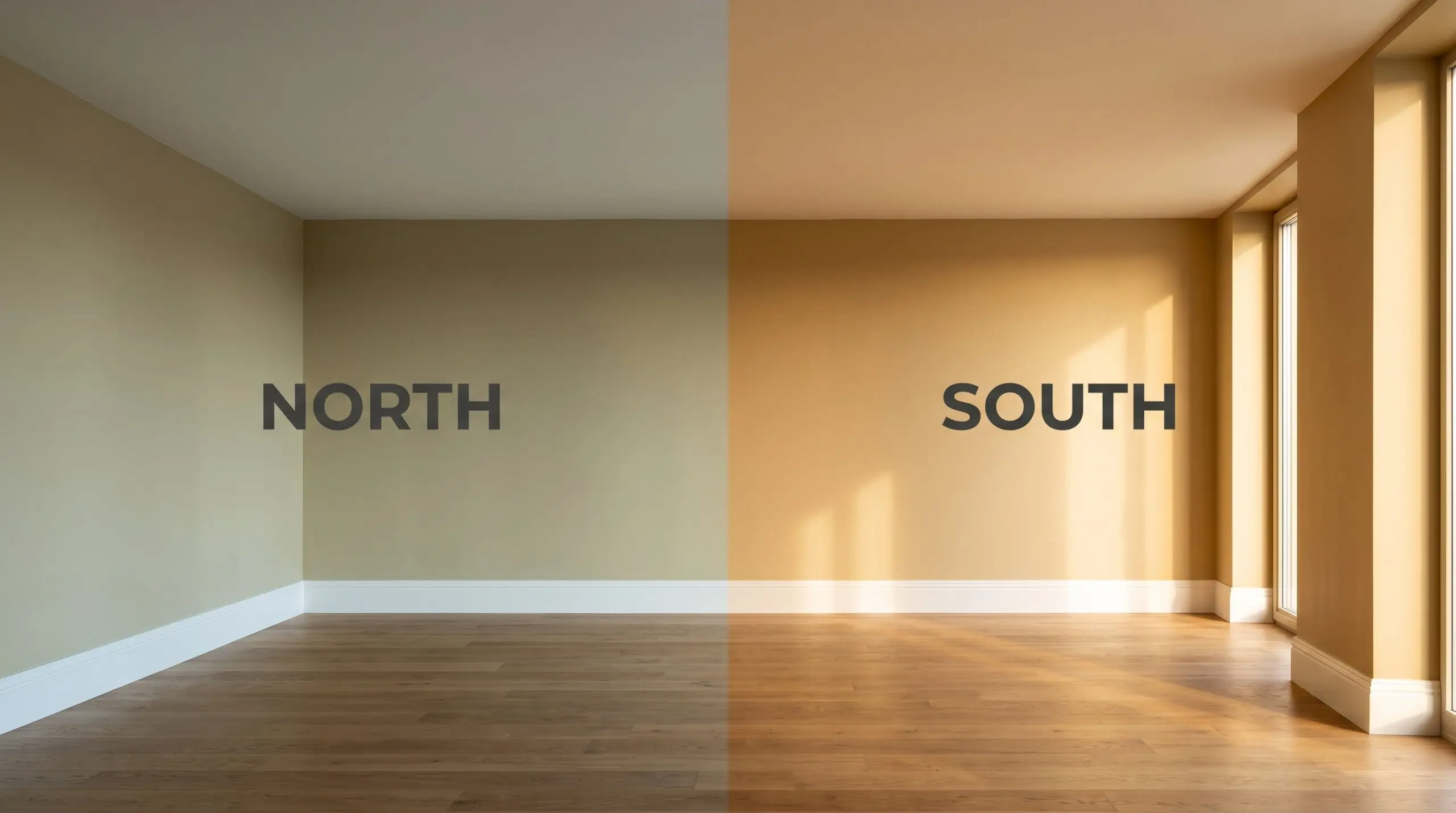 An empty living room with tall baseboards and medium oak floors demonstrates Farrow & Ball Duster shifting from muted historic shadows in cool Northern light to baked-earth warmth in Southern exposure.
