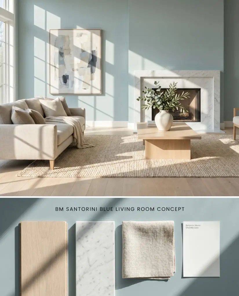 A split digital conceptual board displaying a sunny coastal living room on top, and physical materials including bleached oak and marble below.