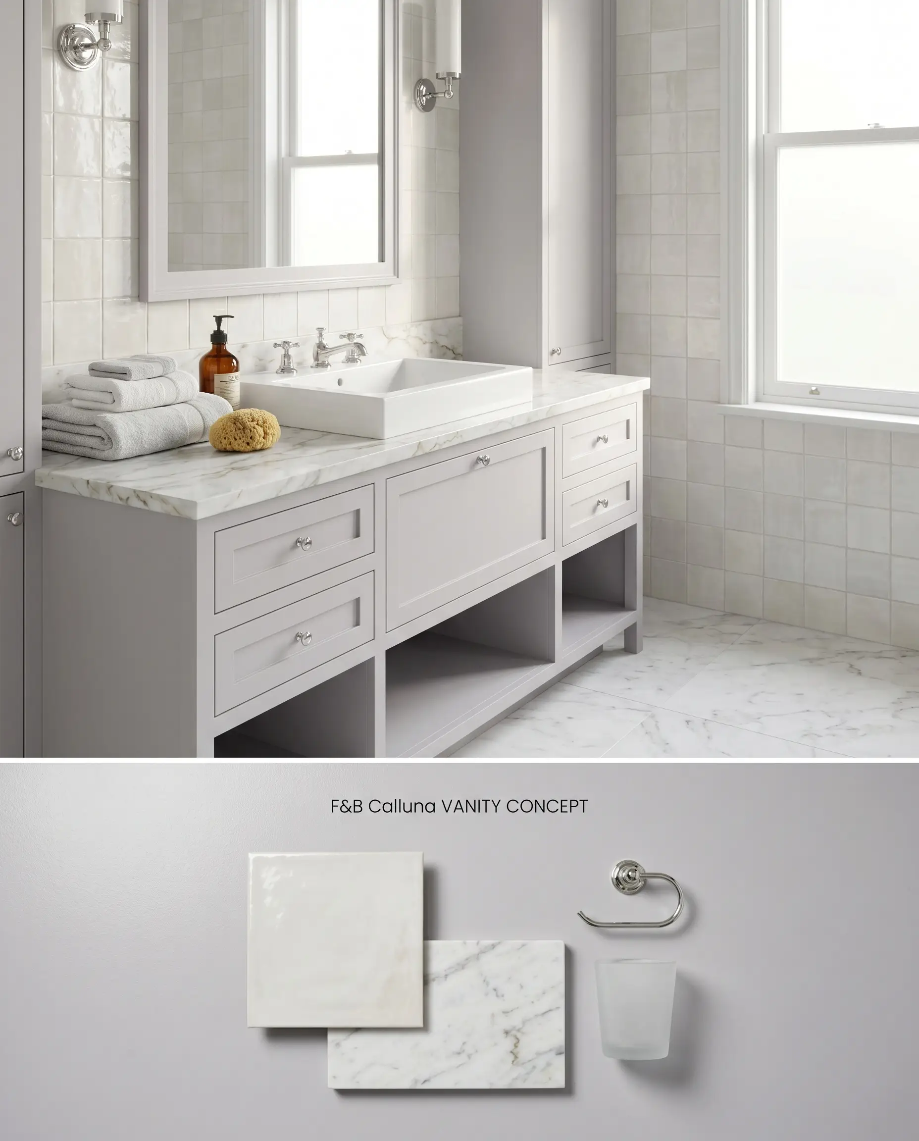 This composite conceptual board for a bathroom vanity features a muted purple custom millwork basin above Carrara marble and polished chrome samples.