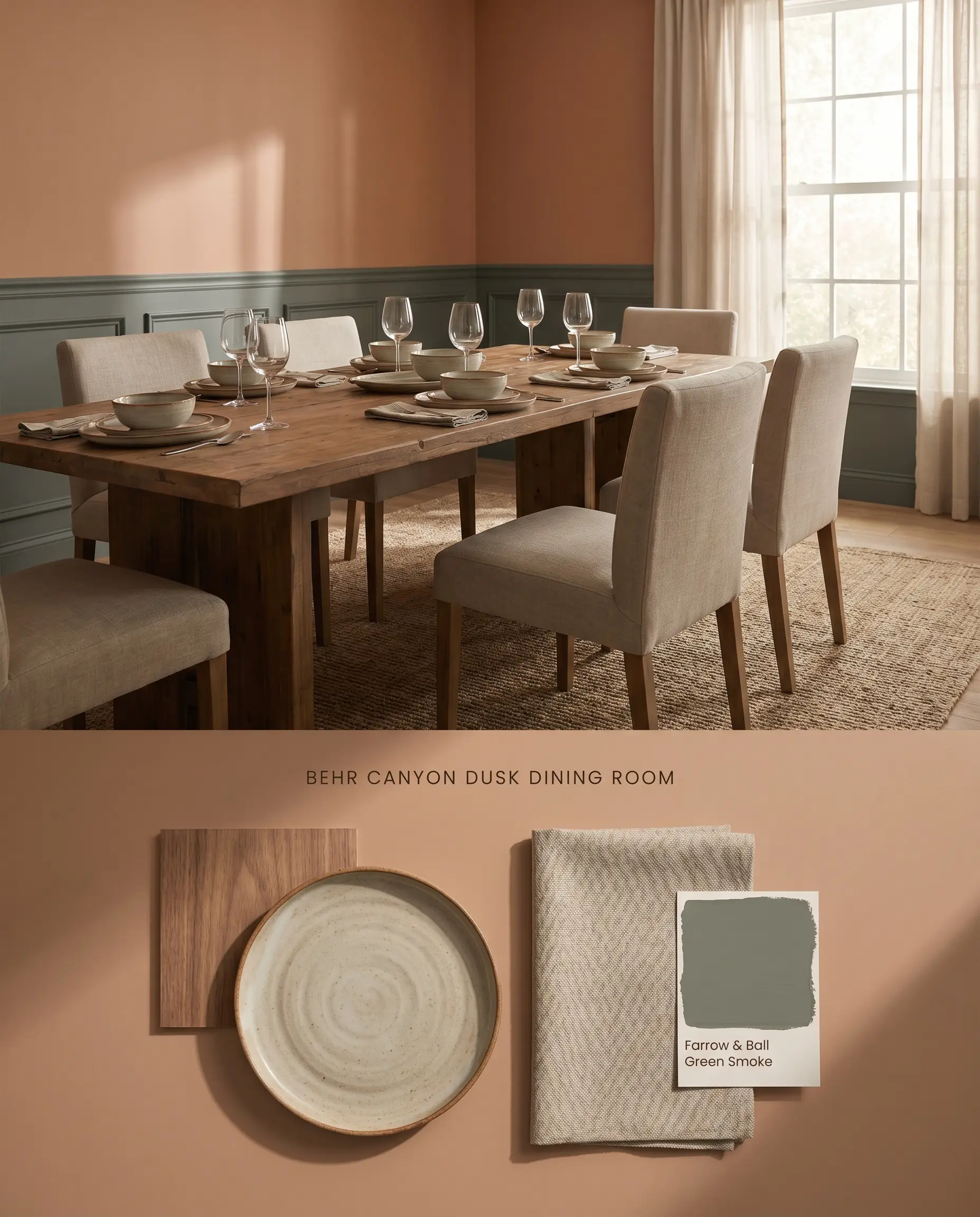 A split digital conceptual board presenting a dusty pink cast on dining room upper walls, layered above a flat-lay of wood veneer and an upholstered linen swatch.