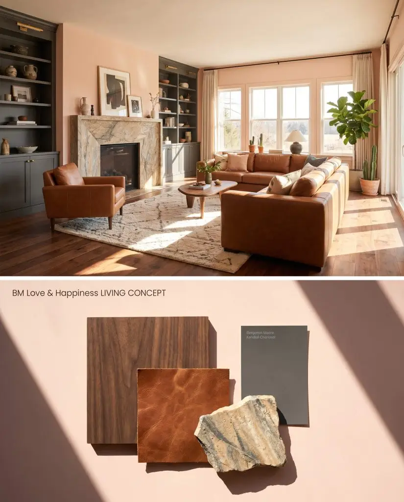 A split digital conceptual board for a sunlit living room featuring Benjamin Moore Love & Happiness walls above a flat-lay of walnut wood and cognac leather.