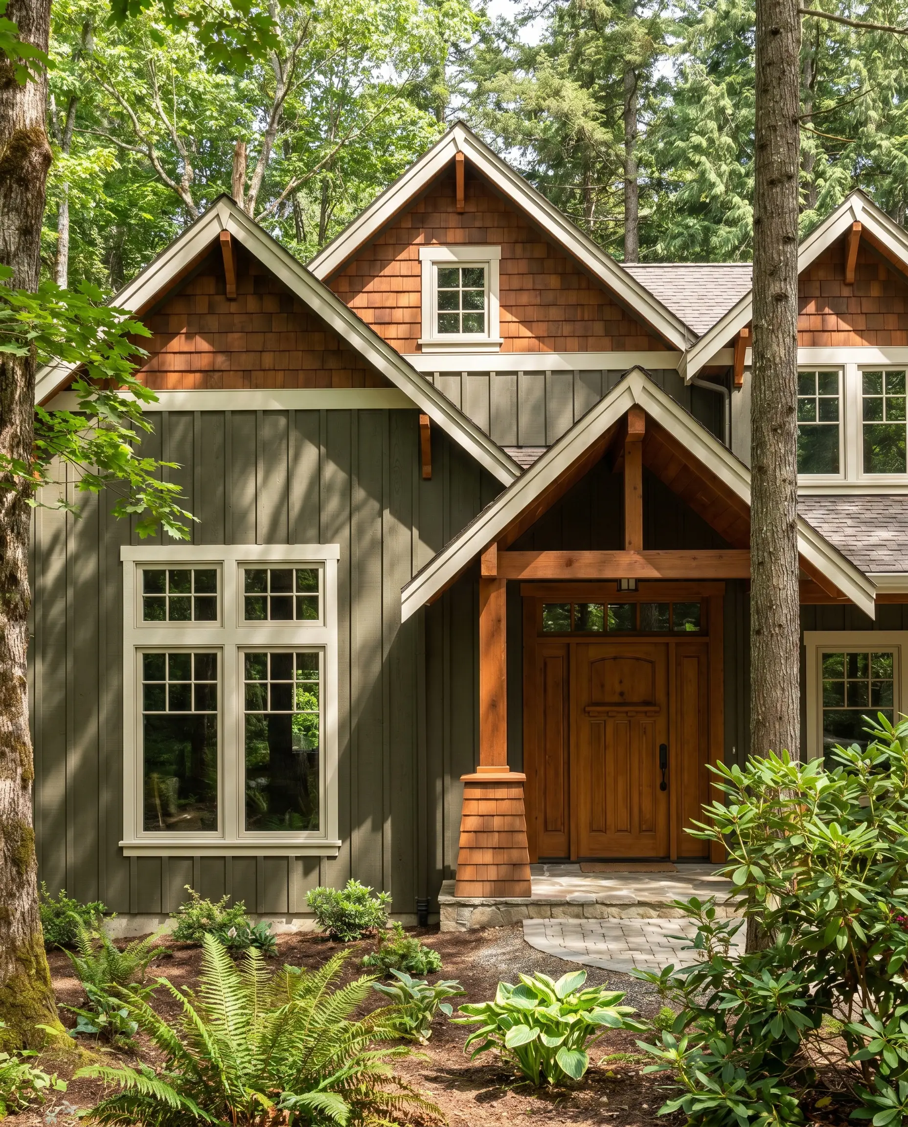 Deep earth-tone green exterior wood cladding complements creamy off-white trim and richly stained cedar shake accents on an organic modern craftsman facade.