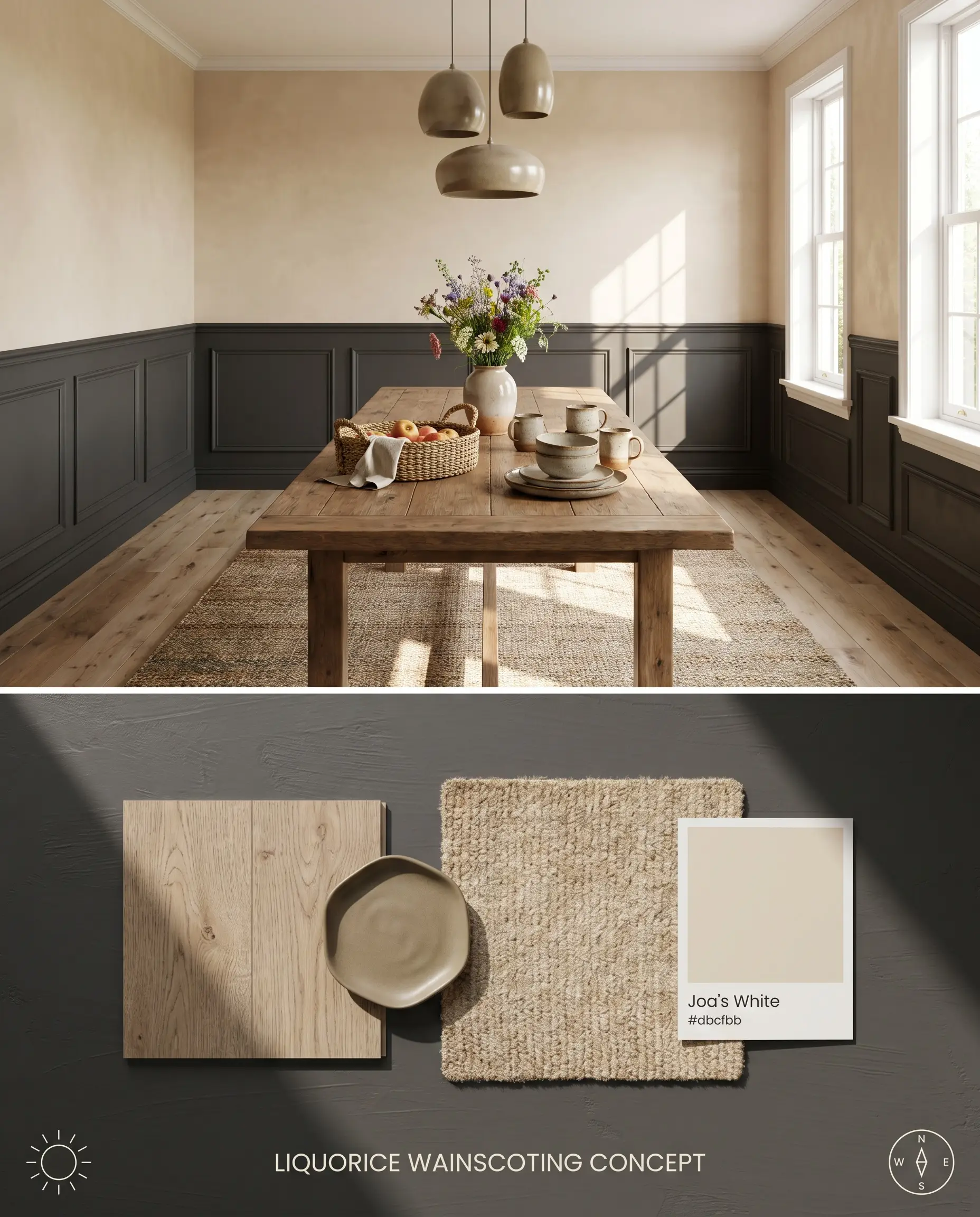 A composite conceptual layout presenting a dining room with Farrow & Ball Liquorice lower wainscoting on top, and a textured bottom section presenting white oak, matte ceramics, and jute rug samples.