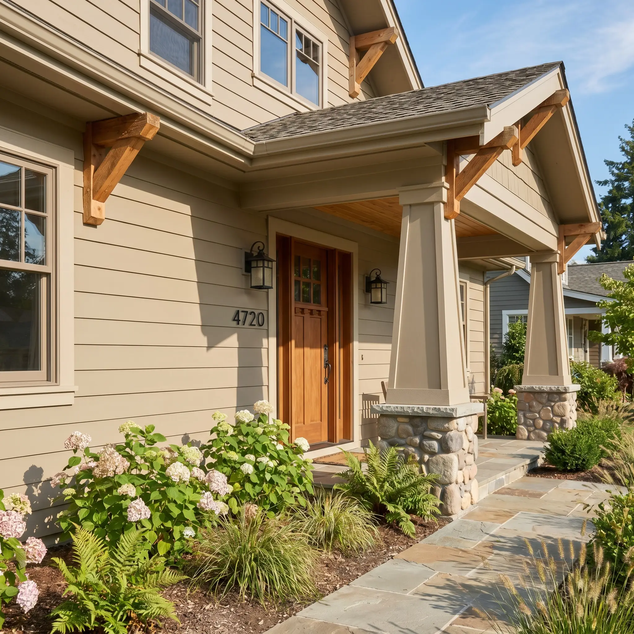 Wide-plank exterior siding in a rustic brown base pairs with matte black iron house numbers, raw cedar architectural corbels, and tapered stone columns.