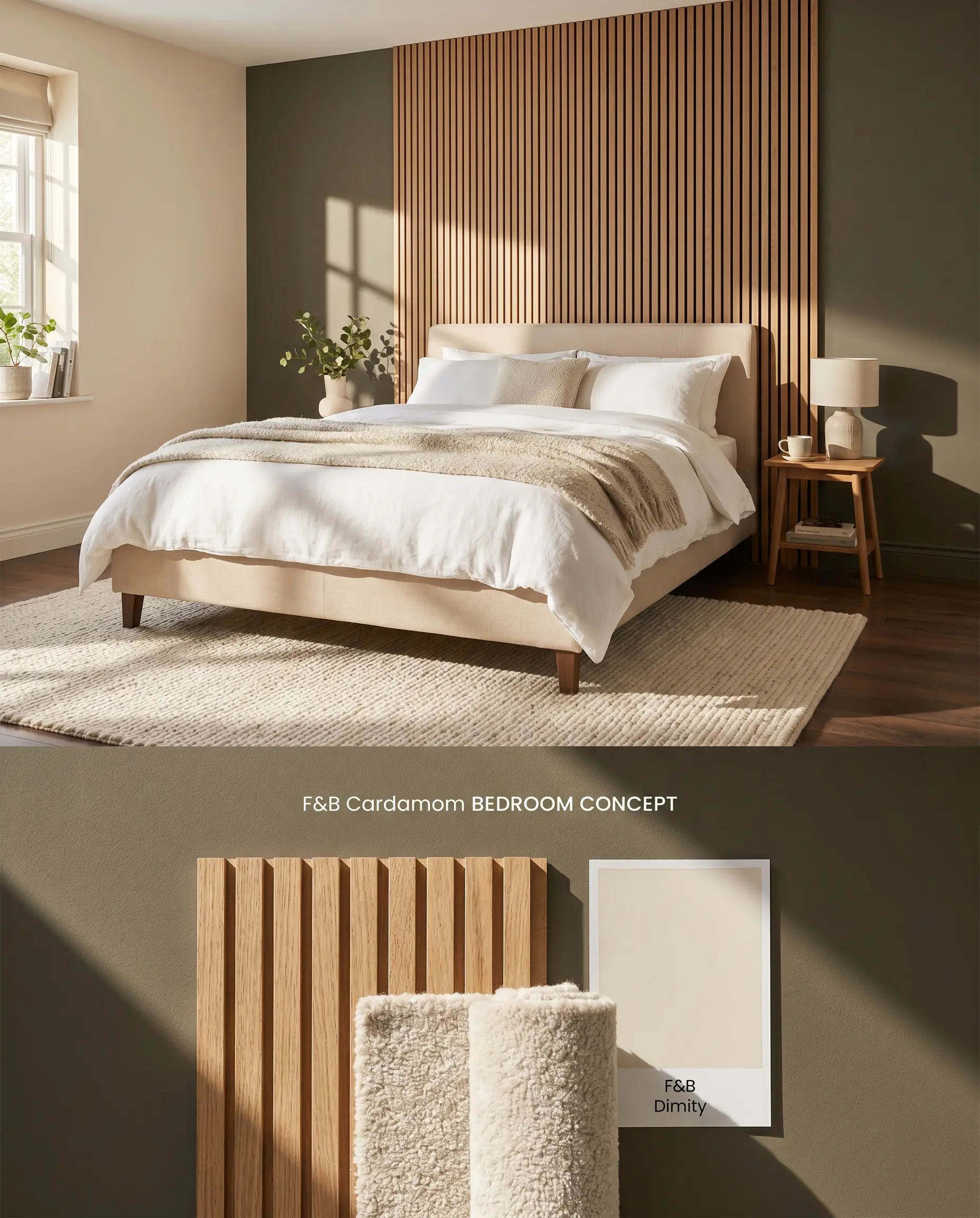 A split digital conceptual board for a cozy bedroom showing a focal accent wall on top, and physical slatted oak paneling samples below.