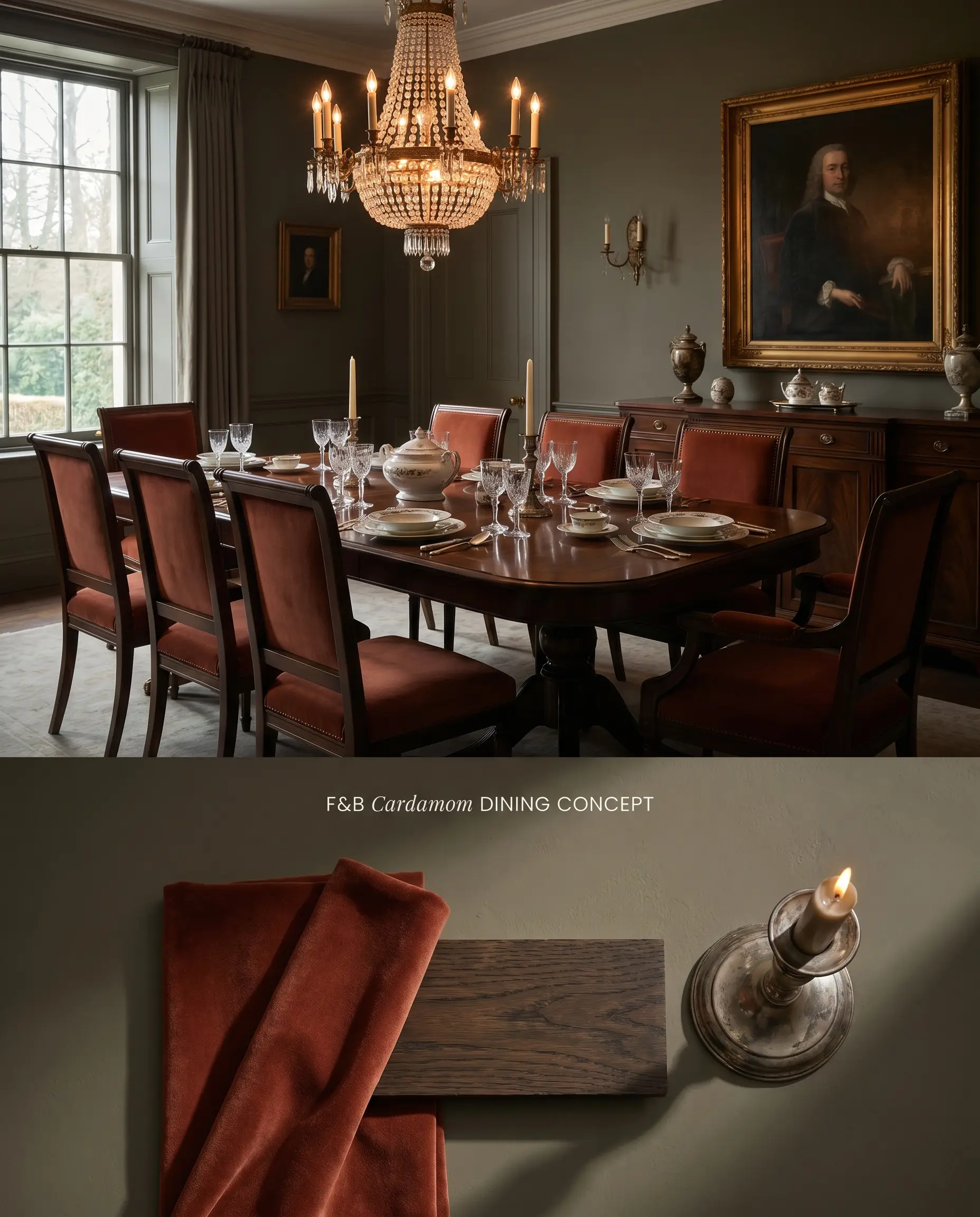 A split digital conceptual board for a formal dining room showcasing terracotta velvet chairs above, and physical material swatches on a textured chalky matte surface below.